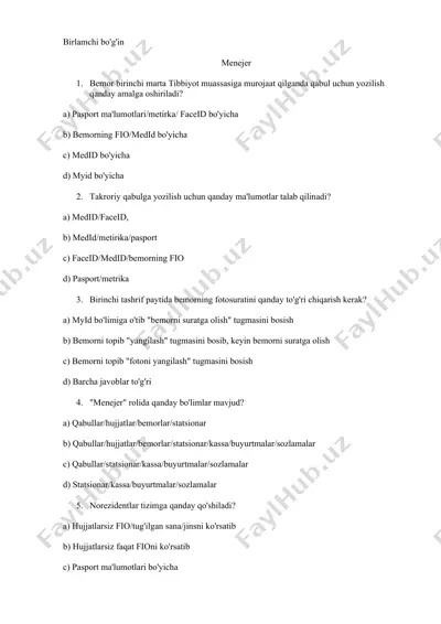 tibbiyot muassasasida qabul va retsept savol-javob to‘plami — DOCX