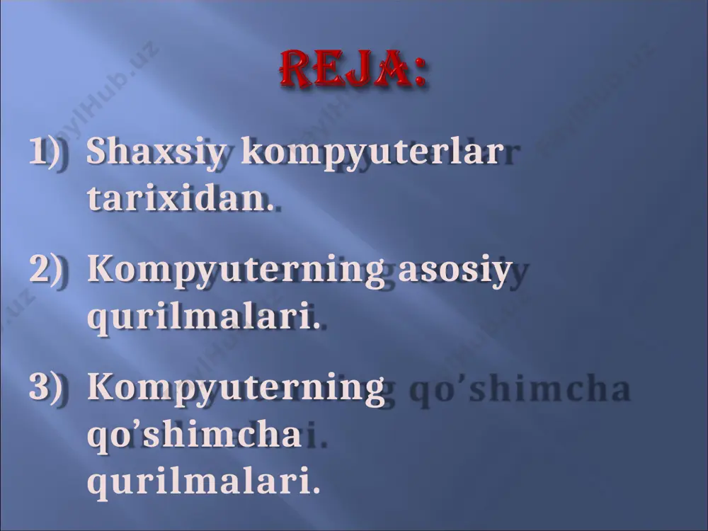 y (tanlov asosida ixtiyoriy qismiga murojaat qilinadigan xotira) bu qurilma registrlardan tashkil topgan. registr ― bu ma’lumotlarni ikkilik shaklda vaqtinchalik saqlovchi qurilma. registr triggerlardan tashkil topadi. triggerlarning miqdori kompyuter necha razryadli ekanligini ko’rsatadi. registr (uyacha) larning har bir razryadiga 1 bit axborot to’g’ri keladi. 8 bit axborot birgalikda 1 baytni tashkil qiladi. har 1 bayt o’z tartib raqami(adresi)ga ega bo’ladi. uyachaning uzunligi mashina so’zi uzunligini belgilab beradi. hdd (ingl. hard disk drive – qattiq disk qurilmasi) kompyuterning tashqi xotirasi bo’lib, sistema blokiga o’rnatiladi hamda ma’lumotlarni saqlashda ishlatiladi. uning hajmi bir necha 10 gbaytdan - 10 tbaytgacha yetadi. vinchestor deganda, silindrsimon germetik idishda joylashtirilgan, bir o’qqa mustahkamlangan ustma - ust disklar majmui tushuniladi. 1 - vinchestor 1973 - yilda ibm firmasi tomonidan 3340 modelida yaratilgan. monitor kompyuterning ish jarayonida vujudga keladigan axborotlarni ekranda yoritib berishga xizmat qiladigan qurilma. monitor grafik yoki matn holatida ishlashi mumkin. matn holatida belgi o’rinlari deyiluvchi alohida …