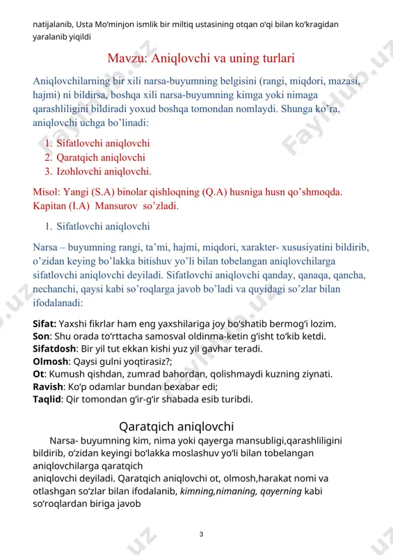 : dasturchi-muhandis,o‘qituvchi g‘ulomov, xurshid tog‘a. 132-mashq. yuqorida berilgan nazariy ma’lumotlarni jadval shaklida ifodalang va taqdimot qilishga tayyorlaning. 124-topshiriq. irg‘ay, isliqi (iflos), g‘alamis, abjir, mushtoq, dilpazir so‘zlarining ma’nosini lug‘at yordamida aniqlang va ularni aniqlovchi sifatida qo‘llab, gaplar tuzing. darsni mustahkamlash uchun pisa savollardan monitorda matn beriladi. zàg‘cha va qarg‘alar bir zàg‘cha o‘z qavmidagi boshqa zàg‘chalardan bo‘ydorroq,bo‘laliroq edi. shu bois u o‘z urug‘idan jirkanib,qarg‘alar jamoasi huzuriga bordi va ular bilan birga yashamoqchi bo‘lganini aytdi. ammo zàg‘chaning turqi ham, ovozi ham qarg‘alarga yot edi, shuning uchun bu qushga ro‘yxush bermay, cho‘qib-cho‘qib haydab yuborishdi. quvilgan zàg‘cha o‘z urug‘lari oldiga qaytib keldi, lekin zàg‘- chalar bu takabbur qushdan nafratlanib, uni jamoalariga qo‘shmadilar.o‘zga yurtni afzal ko‘rib, o‘z vatanini tark etgan kishilar shu zàg‘chaga o‘xshaydilar: begona yurtda qadr-qimmat topmaydilar, o‘z vatanlarida esa odamlar ulardan yuz o‘giradilar. «ezop masallari» 1. matnda tasvirlangan hodisaning bayonini og’zaki so’zlab bering. 2. matnda berilgan belgi bildiruvchi so’zlarni toping,ularning soni qancha? 3. matnni …