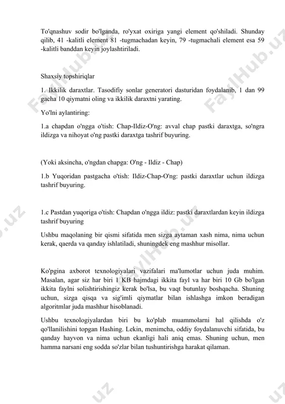 bu hash funktsiyasining chiqish qiymati, ya'ni aniqlangan uzunlikdagi blok. ko'rib turganingizdek, atamalar biroz obrazli tavsifga ega, ulardan bu nima uchun kerakligini tushunish qiyin. shuning uchun, men darhol kichik bir misol keltiraman (qolgan ilovalar haqida birozdan keyin gaplashaman). aytaylik, sizda 10 gb bo'lgan 2 ta fayl bor. sizga qaysi biri kerakligini tezda qanday aniqlash mumkin? fayl nomidan foydalanish mumkin, lekin uni qayta nomlash oson. siz sanalarni ko'rishingiz mumkin, lekin fayllarni nusxalashdan keyin sanalar bir xil yoki boshqa ketma -ketlikda bo'lishi mumkin. o'lcham, siz tushunganingizdek, yordam bera olmaydi (ayniqsa, o'lchamlari bir xil bo'lsa yoki siz baytlarning aniq qiymatlariga qaramagan bo'lsangiz). bu erda bu hash kerak, bu faylning manba matnidan tuzilgan qisqa blok. bu 10 gigabaytli ikkita fayl ikki xil, lekin qisqa hashcodlarga ega bo'ladi ("accac43535" va "bbb3232a42" kabi). ulardan foydalanib, siz tezda bilib olishingiz mumkin kerakli fayl, nomlarni nusxalash va o'zgartirgandan keyin ham. eslatma: hash kompyuter dunyosida va internetda juda mashhur tushuncha …