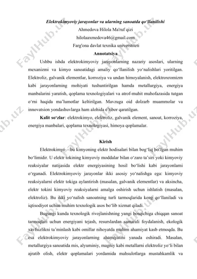 elektrokimyoviy jarayonlar va ularning sanoatda qo‘llanilishi — DOCX