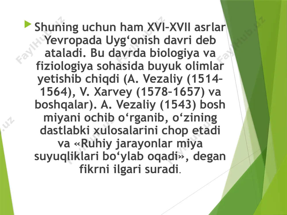 kligini idrok qilish oraliqdagi masofa va yoritilish darajasiga bog’liq, deb hisoblagan. u tomonidan kontrast va irradiatsiya effektlari tasvirlangan. ko’plab anatomik tajribalar o’tkazib, leonardo do vinchi shunday xulosaga keldiki, inson tanasining harakati mexanika qonunlariga mos holda amalga oshadi. bekon frensis (1561–1626), ingliz faylasufi va davlat arbobi. frensis bekon ilmning manbaini empirik tadqiqotdan izlash kerak, deb hisoblagan. ilmiy tadqiqot instrumenti sifatida u ishonchli ilmiy bilim poydevorini qurishga imkon beradigan tafakkur instrumenti sifatida “yangi organon”ni taklif qilgan. frensis bekonning fikricha ob’ektiv reallikni buzadigan to’rt xil idollar mavjud: 1) odam o’z tabiatiga ko’ra yo’l qo’yadigan xatolar – xato idollari; 2) alohida odamning bid’atlari bilan bog’liq xatolar – g’or idollari; 3) tildan foydalanishdagi noaniqliklar bilan bog’liq muloqotda paydo bo’ladigan xatolari – maydon idollari; 4) noto’g’ri falsafiy sistemalarni qabul qilish bilan bog’liq xatolar – teatr idollari. xvii asr evropa fanida feodal munosabatlarning vayron bo’lishi, o’z asarlarida psixik fenomenlarni tabiiy ilmiy pozitsiyadan turib tushuntirishga intilgan tadqiqotchilar paydo …