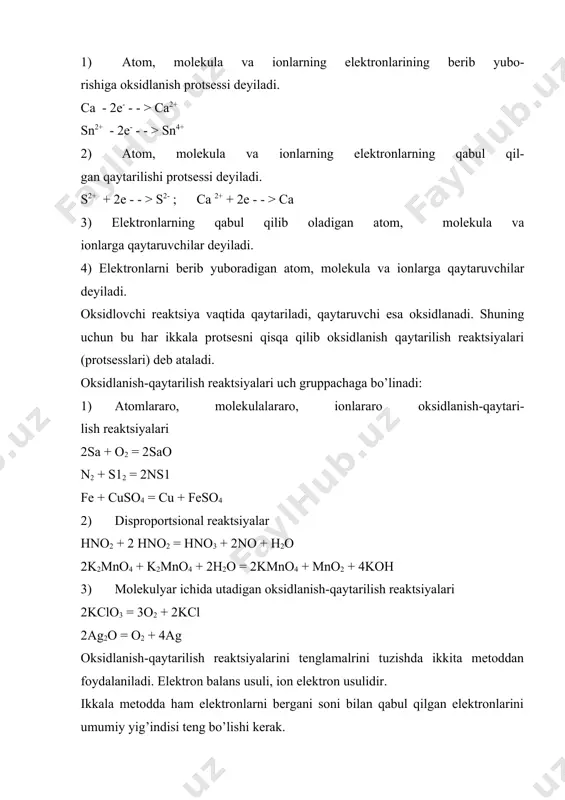 tom, molekula va ionlarning elektronlarining berib yubo- rishiga oksidlanish protsessi deyiladi. ca - 2e- - - > ca2+ sn2+ - 2e- - - > sn4+ 2) atom, molekula va ionlarning elektronlarning qabul qil- gan qaytarilishi protsessi deyiladi. s2+ + 2e - - > s2- ; ca 2+ + 2e - - > ca 3) elektronlarning qabul qilib oladigan atom, molekula va ionlarga qaytaruvchilar deyiladi. 4) elektronlarni berib yuboradigan atom, molekula va ionlarga qaytaruvchilar deyiladi. oksidlovchi reaktsiya vaqtida qaytariladi, qaytaruvchi esa oksidlanadi. shuning uchun bu har ikkala protsesni qisqa qilib oksidlanish qaytarilish reaktsiyalari (protsesslari) deb ataladi. oksidlanish-qaytarilish reaktsiyalari uch gruppachaga bo’linadi: 1) atomlararo, molekulalararo, ionlararo oksidlanish-qaytari- lish reaktsiyalari 2sa + o2 = 2sao n2 + s12 = 2ns1 fe + cuso4 = cu + feso4 2) disproportsional reaktsiyalar hno2 + 2 hno2 = hno3 + 2no + h2o 2k2mno4 + k2mno4 + 2h2o = 2kmno4 + mno2 + 4koh 3) molekulyar …
