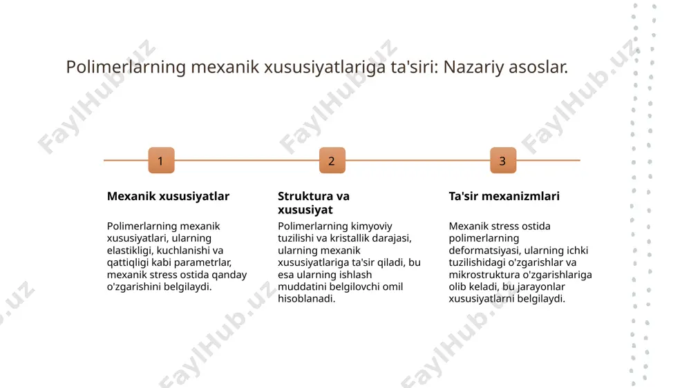 beradi. 3 sudralishning ahamiyati sudralish, polimerlarning uzoq muddatli ishlashini baholashda muhimdir. bu, materialning chidamliligini va mexanik stresslarga qarshi turishini belgilaydi. 4 amaliy qo‘llanilishi sudralish jarayoni, sanoatda polimerlarning ishlash sharoitlarini prognoz qilishda qo‘llaniladi. bu, materiallar tanlashda va konstruktsiyalarni loyihalashda muhim ahamiyatga ega. uzoq muddatli chidamlilik: polimerlarning mexanik ta'sirlarga javobi. uzoq muddatli chidamlilik polimerlarning uzoq muddatli chidamliligi, mexanik stressga qarshi turish qobiliyatini bildiradi, bu esa materialning uzoq vaqt davomida ishlashini ta'minlaydi. mexanik ta'sirlar mexanik ta'sirlar polimerlarga kuch va stresslarni qo'llash orqali ularning struktura va xususiyatlarini o'zgartirishi mumkin, natijada chidamlilik darajasi o'zgaradi. qiziyish va ta'sir mexanik stress ostida polimerlarning qiziyishi ularning fizik xususiyatlariga ta'sir qiladi. bu jarayon, uzoq muddatli chidamlilikni pasaytirishi mumkin. innovatsion yondashuvlar uzoq muddatli chidamlilikni oshirish uchun yangi materiallar va texnologiyalar, masalan, kompozit polimerlar ishlab chiqish, muhim ahamiyatga ega. parchalanish jarayonlari: polimerlar va ularning uzluksizligi. parchalanish jarayoni parchalanish jarayoni polimerlarning mexanik ta'sirlarga javobi sifatida sodir bo'ladi. ular uzoq vaqt davomida stress …