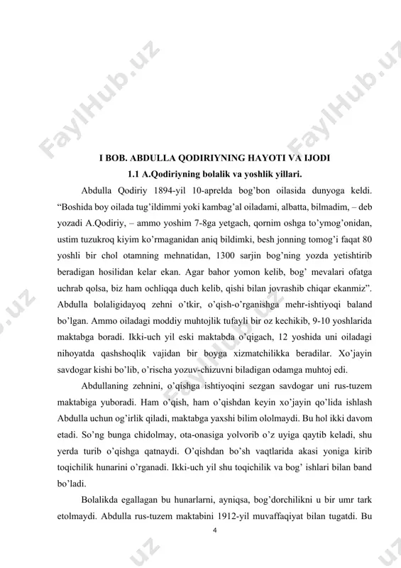 , rus va jahon adabiyoti, madaniyati bilan tanishuvi uchun bevosita yo’l ochib berdi. ikki yil o’tgach, abdulla toshkentdagi abulqosim madrasasiga o’qishga kirdi. madrasadagi qisqa ta’lim uning islom ilmi, arab va fors tillarini egallashi, keyinchalik bu sohalarni mustaqil o’zlashtirish uchun zamin hozirladi. abdulla 1912-yili rasulmuhammadboy otliq savdogarga prikazchik bo’lib ishga kirdi. bu savdogar boy insofli, ochiqko’ngil, mulla, ziyolilarni hurmat qiladigan kishi edi. bu odam xonadonida yashab, uning savdo do’konida ishlab, abdulla zamonasining ko’p ilg’or, ziyoli kishilari bilan tanishadi. 1914-yili boyning katta qizi rahbaroyga uylanadi. abdullaning bundan keyingi ham totuv, ham sertashvish hayoti, faoliyati umr yo’ldoshi rahbaroy, u keyinchalik birinketin in’om etgan ikki o’g’il, ikki qiz – nafiza, habibulla, adiba, ma’sudlar bilan kechdi. abdulla ijodiy faoliyatining boshlanishi ham o’sha davrga to’g’ri keladi. “shu miyonalarda, - deb eslaydi a.qodiriy, - bozor vositasi bilan tatarlarda chiqadig’on gazetalarni o’qib, dunyoda gazeta degan gap borlig’iga imon keltirdim. 1913-yilda o’zbekcha “sadoyi turkiston”, “samarqand”, “oina” gazetalari chiqa boshlag’och, …