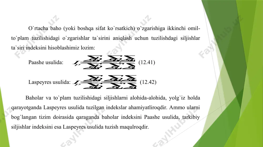 ajmi indeksiga ko `paytmasi ishlab chiqarilish xarajatlari indeksiga tengdir: qz qz qz qz qz qz 11 10 10 00 11 00       * (12.46) agarda ishlab chiqarish xarajatlari 12%, yaratilgan mahsulot hajmi 22% ko `paygan bo`lsa, u holda tannarx 8% pasaygan, chunki l, l2: 1,22 0,92 yoki 92%. mehnat unumdorligi indeksini sarf qilingan mehnat miqdori indeksiga ko`paytirsak, ishlab chiqarishning fizik hajmi indeksi hosil bo `ladi: qt qt qt qt qt qt 10 10 11 00 10 00       * (12.47) baho indeksining teskari qiymati pul (so `m ) qudrati indeksiga teng. aytaylik, baholar o`rtacha 20% pasaygan, u holda 1 so `mning xarid qudrati 25% oshgan (1:0,81,25). shunday qilib, o `zaro bog`langan hodisalar indekslari orasida ham tegishli tartibdagi bog `lanishlar mavjuddir. indekslarning ushbu xususiyatiga asoslanib u yoki bu iqtisodiy hodisa o `zgarishi qanday omillar hisobiga sodir bo`lganini aniqlash mumkin. indeks yordamida …