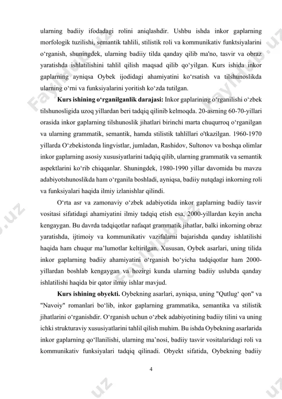 idagi o‘zgarishlar ko‘rib chiqiladi. ushbu tadqiqot, o‘zbek adabiyotining yangi metodologik yo‘nalishlarini ishlab chiqish, tilshunoslikni amaliyotda qo‘llash va adabiy tahlil usullarini kengaytirishda muhim ilmiy hissa qo‘shadi. 1. inkor gaplarning grammatik tuzilishi inkor gaplar (inkorli gaplar) o'zbek tilida grammatik jihatdan o'ziga xos strukturaga ega. ular ma'lum bir voqeani yoki holatni inkor qilish uchun ishlatiladi, va badiiy nutqda, ayniqsa, muallifning ifodaviy kuchini oshirish, qahramonlarning ichki dunyosini ochish, va dramatik effekt yaratishda muhim ahamiyatga ega. morfologik xususiyatlar: inkor gaplarning asosiy morfologik xususiyatlari yordamchi fe’llar yoki modal fe’llar bilan birga qo'llanilishi orqali ifodalanadi. o‘zbek tilida inkor ko‘pincha quyidagi grammatik vositalar yordamida amalga oshiriladi: · "emas" va "yo‘q" yordamchi so‘zlari. "emas" so'zi yordamida fe’lning inkor shakli tuziladi. bu usul orqali biror holatning amalga oshmasligi yoki rad etilishi ta’kidlanadi. misol: "u bormadi" yoki "men ketmayman." · "yo‘q" so'zi esa inkorning oddiy va aniq ifodasidir. bu so‘z, ayniqsa, modifikatsiyalangan nomlar bilan ishlatiladi: "bu yerda hech narsa yo‘q." · …