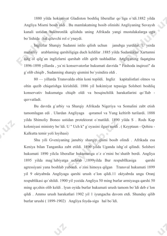 g qo;shin olib keldi . lyun oyida burlar hukumati urush tamom bo`ldi deb e`lon qildi . ammo urush harakatlari 1902 yil 1 iyungacha davom etdi. shunday qilib burlar urushi ( 1899-1902) angliya foyda-siga hal bo`ldi. irlandiya muammosi . angliyaning ichki siyosati keskin masalalardan biri irlandiya muammosi edi . irlandiyaning ijaraga yer olib kun ko`ruvchi dehqonlar nihoyatda muhtojlikda yashardilar. chunki yerlarni xvll asrdayoq ingliz pomeshchiklari o`zlariniki qilib olgan edilar. irlandiya bir necha marta ocharchilik bo`lib , minglab irlandiyaliklar ochlik o`ldi . ko`pchilik irlandiyaliklar tirikchilik qo`yida amerikaga ko`chib ketdilar . ochlik , o`lim va ko`chib ketish natijasida aholi 1851 yildagi 6,5 mln kishidan 1900 yilga kelib 4,5 mln kishiga kamayib ketdi. 60 yillarda oxirida irlandiya masalasi yana siyosiy masalaga aylandi . irlandiyada fenilarning tor-mor keltirilishi milliy harakatda irlan burjuaziya sining gegimonlik roli ko`tarilishiga yordam berdi . irlandiya harakati boshida olsterlik protestant pomeshchik parnel turdi.1875 yil parnell ingliz parlamentiga deputat bo`lib olib , …