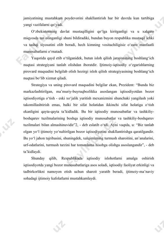 faoliyat erkinligi va tadbirkorlikni namoyon etish uchun sharoit yaratib beradi, ijtimoiy-ma’naviy sohadagi ijtimoiy kafolatlarni mustahkamlaydi. bozor islohotlari va ularning asosiy yo‘nalishlari. islohotlar bosqichlari va vazifalari iqtisodiy munosabatlar va tashkiliy - boshqaruv tuzilmalarining bir turidan butunlay boshqa yangi turiga o‘tish, iqtisodiy islohotlar strategiyasini ishlab chiqish va uning asosiy yo‘nalishlarini aniqlab olishni taqozo qiladi. iqtisodiy islohotlar - bu bozor munosabatlarini shakllantirishga qaratilgan chora-tadbirlar majmuidir. iqtisodiy islohotlardan ko‘zda tutilgan maqsad mamlakat aholisi uchun yashash va faoliyat qilishning eng yaxshi sharoitlarini yaratish, ularning ma’naviy-axloqiy yetukligiga erishish, iqtisodiy, ijtimoiy-siyosiy barqarorlikni ta’minlashdan iborat. islohotlarni amalga oshirishdan oldin bozor iqtisodiyotiga o‘tishning nazariy modeli yaratildi. bu modelda yangi iqtisodiyotga o‘tishning umumiy tomonlari va milliy xususiyatlari nazarda tutiladi, islohotlarning asosiy yo‘nalishlari belgilanadi. respublikada iqtisodiy islohotlarni amalga oshirishning asosiy yo‘nalishlari quyidagilardan iborat: · mulkiy munosabatlarni isloh qilish; · agrar islohotlar; · moliya-kredit va narx-navo islohoti; · boshqarish tizimini isloh qilish va bozor infratuzilmasini yaratish; · tashqi iqtisodiy aloqalar islohoti; · …