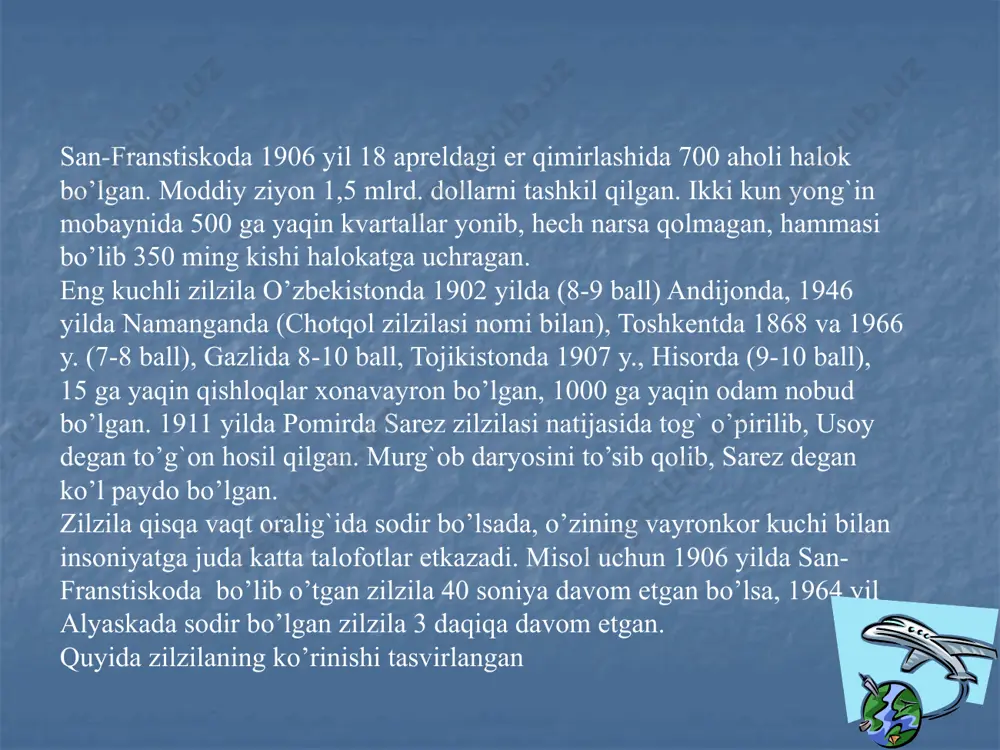 vorlaridan siljib, qiyshayib qolishi mumkin. oddiy imoratlar butunlay vayron bo’ladi, er yuzasida yoriqlar paydo bo’ladi, er osti suvlari sizib chiqishi mumkin. 10 ball - yakson qiluvchi. hamma imoratlar katta shikast ko’radi. temir yo’l relslari to’lqinsimon shaklga kirib, bir tomonga qarab egilib qoladi, er osti kommunal quvurlari uzilib ketadi, cho’kish hodisalari yuz beradi, suv havzalari to’lqinlanib qirg`oqqa uriladi, qoyali yon bag`irlarda katta-katga surilish hodisalari sodir bo’ladi. 11 ball - fojiali. hamma imoratlar deyarlik vayron bo’ladi, to’g`on va dambalar yorilib ketadi, temir yo’llar butunlay ishdan chiqadi, erning ustki qismida katta-katta yoriqlar paydo bo’ladi, er ostidan loyqa balchiqlar ko’tarilib chiqadi, surilish, qulash hodisalari nihoyasiga etadi. 12 ball - kuchli fojiali. erning ustki qismida katta o’zgarishlar yuz beradi. inson barpo etgan hamma imoratlar butunlay vayron bo’ladi, daryolarning o’zani o’zgarib sharsharalar paydo bo’ladi, tabiiy to’g`onlar vujudga keladi. zilzila vaqtida aholi harakati. zilzilagacha: (sumka yoki ryukzaklar bilan) shaxsingizni tasdiqlovchi hujjat; xonadoningizda batareyali radiopriyomnik, cho’ntak elektr fonari …