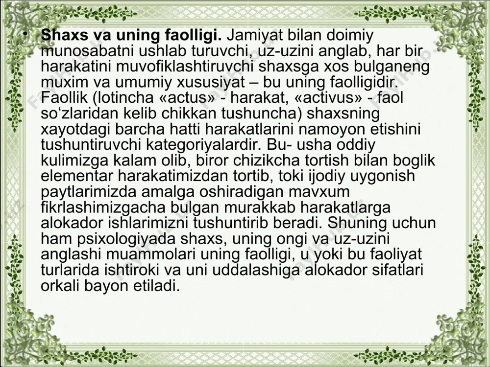 xususiyatlari va sifatini uzgartirishga karatilgan bo‘ladi. masalan, ma’ruzani konspekt kilayotgan talabaning predmetli harakati yozuvga karatilgan bo‘lib, u avvalo usha daftardagi yozuvlar soni va sifatida uzgarishlar qilish orkali, bilimlar zaxirasini boyitayotgan bo‘ladi. faoliyatning va uni tashkil etuvchi predmetli harakatlarning aynan nimalarga yunaltirilganiga karab, avvalo tashki va ichki faoliyat farklanadi. tashki faoliyat shaxsni urab turgan tashki muxit va undagi narsa va xodisalarni uzgartirishga karatilgan faoliyat bulsa , ichki faoliyat – birinchi navbatda aqliy faoliyat bo‘lib, u sof psixologik jaraenlarning kechishidan kelib chikadi. kelib chikishi nuktai nazaridan ichki-aqliy, psixik faoliyat tashki predmetli faoliyatdan kelib chikadi. dastlab predmetli tashki faoliyat ruy beradi, tajriba orttirib borilgan sari sekin-asta bu harakatlar ichki aqliy jaraenga aylanib boradi. buni nutk faoliyati misolida oladigan bo‘lsak, bola dastlabki so‘zlarni kattik tovush bilan tashki nutkida ifoda etadi, keyinchalik ishida uzicha gapirishga urganib,uylaydigan, muloxaza yuritadigan, uz oldiga maksad va rejalar kuyadigan bo‘lib boradi. jismoniy va aqliy harakatlar. har qanday sharoitda ham barcha …