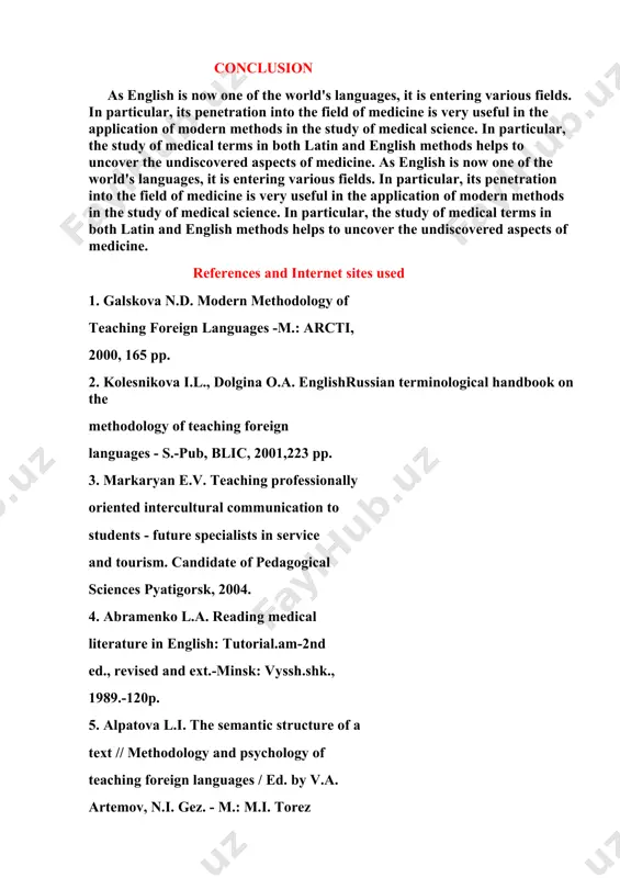 stigious and once again testifies to our educational and intellectual level. as we can see, there are many reasons for a doctor to learn english. at the same time, the level of english to which one should aspire should be quite high. he should be able to read and fully comprehend even the most complicated medical text. he should also be able to hear english easily so that he should have no difficulty at all in dealing with colleagues from other countries. he should be able to speak english clearly enough so that he can understand every word, including some medical terms that may be difficult to pronounce. of course, all doctors know latin, which helps avoid any confusion of medical terms. but latin is a dead language. and we, future doctors, need a living language. medical terms are in english and latin. english latin the spine vertebrae the cervical …