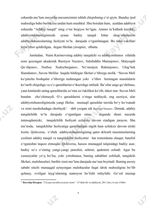 tilishida, yozuvchilarning hayoti va ijodiy faoliyatini o‘rganishda, alohida kurslar ochilishida, shubhasiz, naim karimov tadqiqotlarining o‘rni va ahamiyati e’tiborli. olimning ijodiy faoliyatini o‘rganish asnosida bu fikrlarga to‘la ishonch hosil qilish mumkin. bu ishimizning dolzarbligini ko‘rsatadi. ishning maqsad va vazifalari. o‘zbek adabiy tanqidchiligida naim karimovning o‘rni, uning munaqqidlik faoliyati, olimning o‘ziga xos uslubi, o‘zbek va jahon adabiyoti, adabiy jarayoniga tanqidchining munosabatini o‘rganishdan iborat. olimning nozik adabiyotshunos olim va ijodkorligini ham nazardan qochirmadik. qator badiiy asarlarini, adabiy kuzatishlarini ham e’tibordan qochirmadik. bu maqsadga erishish uchun quyidagi vazifalarni o‘z oldimizga qo‘ydik: 1. xx asr o‘zbek adabiy tanqidchiligining o‘ziga xosligini tekshirish. bu davrdagi adabiy jarayonga, tanqidchilar faoliyatiga e’tibor qaratish. 2. naim karimovning munaqqidlik faoliyatini izchil o‘rganish; olimning jamoatchilik usulida olib borayotgan faoliyatini ham (“o‘zbekiston ma’rifatparvarlar jamiyati” raisi, “shahidlar xotirasi” jamg‘armasi kengashi raisi hamda “qatag‘on qurbonlari” xotirasi muzeyi direktori kabi) e’tirof etish. 3. naim karimovning o‘zbek she’riyati va nasriga munosabatini tadqiq etish. 4. jahon adabiyotiga tanqidchininig …