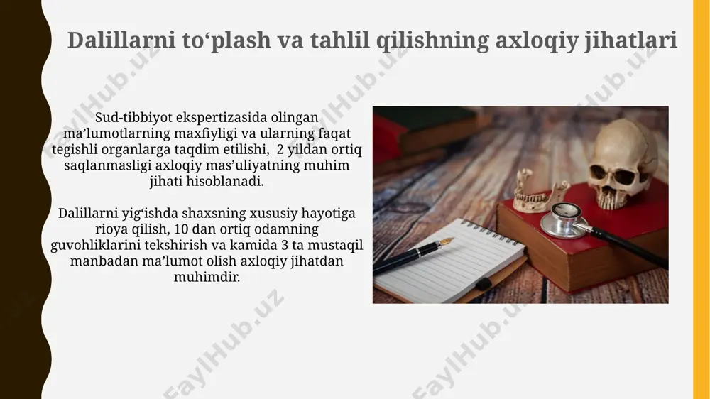 ni yoki manipulyatsiyasi, masalan, 30% holatlarda shifokorlarning shaxsiy manfaatlari tufayli sodir boʻlishi mumkin. jinoyat joyini tekshirish va axloqiy muammolar jinoyat joyini tekshirishda dalillarni yig'ishda kamida 2 nafar mutaxassisning ishtiroki, ob'ektivlik va adolatlilikni ta'minlash uchun muhim ahamiyatga ega bo'lib, bu axloqiy normalar talabidir. jinoyat joyida topilgan genetik materiallarning 99% aniqligi bilan tahlili va shaxsni aniqlashda, genetik ma'lumotlarning maxfiyligini himoya qilish axloqiy muammolarni tug'diradi. etik muammolarni hal qilish mexanizmlari tibbiy xatoliklar bo'yicha mustaqil tekshiruvlar va 2-3 ekspert xulosalari, sud-tibbiyot amaliyotida yuzaga kelgan etik muammolarni ob'ektiv tahlil qilishga imkon beradi. etika qo'mitalari, 3-5 a'zodan iborat bo'lib, murakkab tibbiy-etik masalalarni hal qilishda mutaxassislarning maslahatlarini olish orqali qarorlar qabul qiladi. kasbiy axloq kodekslari va qonunchilik o'zbekiston respublikasining jinoyat-protsessual kodeksi 150-moddasi va boshqa tegishli qonun hujjatlari sud-tibbiyot ekspertizasini o'tkazish tartibini, ekspertning huquq va majburiyatlarini, shuningdek, axloqiy mas'uliyatini aniq belgilab beradi. kasbiy axloq kodekslari shifokorlarning 3 ta asosiy majburiyatini – sir saqlash, bemor huquqlarini himoya qilish va …