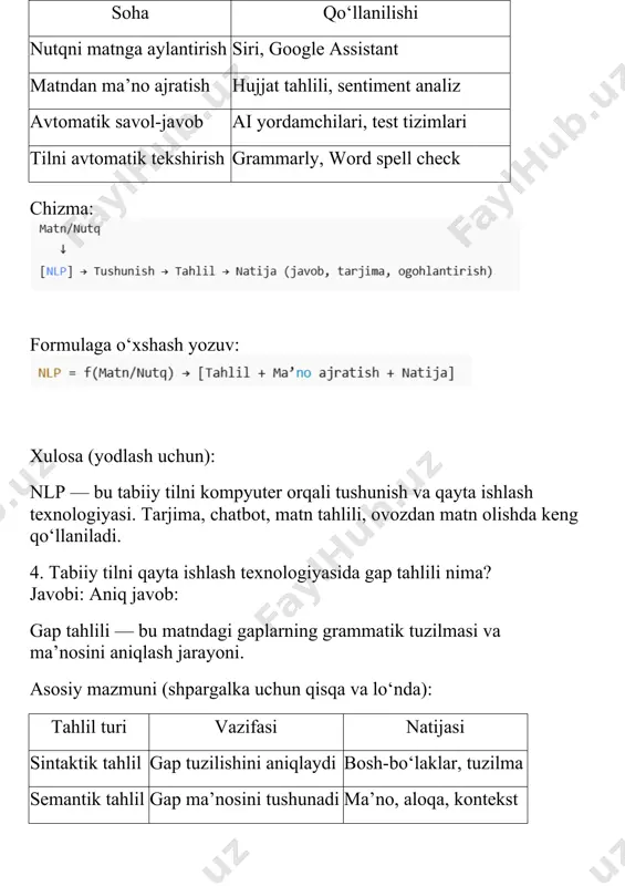 hlilning birinchi bosqichi. asosiy mazmun (shpargalka uchun qisqa va lo‘nda): · matndan alohida so‘zlarni ajratish bosqichi. · bu bosqichda bo‘sh joylar, tinish belgilaridan foydalaniladi. · har bir so‘z keyingi tahlil uchun tayyorlanadi. chizma: formula ko‘rinishi jadval: morfologik tahlil bosqichlari bosqich raqami nomi vazifasi 1 so‘zni ajratish matndan alohida so‘zlarni topish 2 ildizni aniqlash so‘zning asosiy qismini topish 3 qo‘shimchani tahlil qilish grammatik ma’noni aniqlash xulosa (yodlash uch morfologik tahlilning birinchi bosqichi — so‘zlarni ajratish (segmentatsiya) bo‘lib, u matndagi so‘zlarni alohida birlik sifatida aniqlaydi. 7. sintaktik tahlilda qaysi bo‘laklarni aniqlash mumkin? javobi: sintaktik tahlilda quyidagi gap bo‘laklari aniqlanadi: 1. ega 2. kesim 3. to‘ldiruvchi 4. hol 5. aniqlovchi asosiy mazmun (shpargalka uchun): bo‘lak nomi vazifasi savol bilan aniqlanadi ega kim? nima? kim? nim kesim harakat yoki holat bildiradi nima qilyapti? to‘ldiruvchi harakatga tegishli obyekt nima(n)i? kim(n)i? hol harakat qanday, qayerda, qachon? qanday? qachon? qayerda? aniqlovchi so‘zg qanday? qaysi? nechanchi? chizma: formulaga …