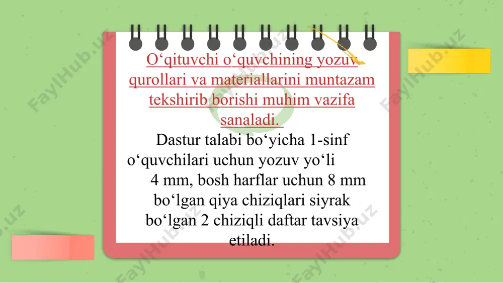 lar orasida qancha qator tashlanishi haqida; 5. betni qanday yakunlash haqida tushuntirib o‘tish lozim. foydalanilgan adabiyotlar ro‘yxati: x.g‘ulomova, sh.yo‘ldosheva, g.mamatova, h.boqiyeva, a.sobirova husnixat va uni o‘qitish metodikasi toshkent 2007 iqtisod-moliya. k. qosimova, s.matchonov, x. g‘ulomova, sh.yo‘ldosheva, sh.sariyev ona tili o‘qitish metodikasi toshkent “nosir” nashriyoti 2009 uyga vazifa 1. o‘tilgan ma’ruzani o‘qib o‘zlashtirish. 2. ilmoq elementli harflar guruhi bilan tanishtirish. 3. ilmoq elementli harflar guruhi bilan tanishtirish. image1.png image2.png image3.png image4.png image10.png image9.png image7.png image5.png image11.png image12.png image6.png image13.jpg image14.jpg image15.jpg image16.jpg image17.png image18.png image19.jpg image20.jpg image21.jpg image22.jpg image23.jpg image24.jpg image25.jpg image26.jpg image27.png image28.png image29.jpg image30.jpg image31.jpg image32.jpg image33.jpg image34.jpg image35.png image8.png image36.jpg image37.png image38.png