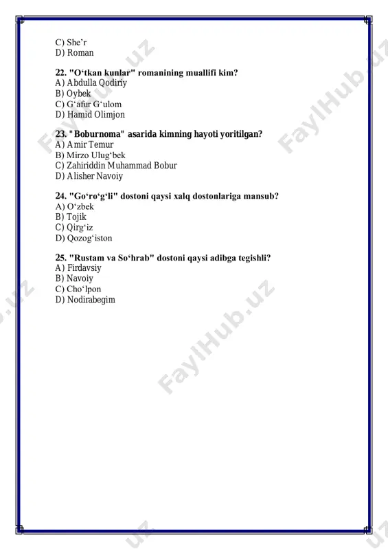 bog‘lovchi c) teng bog‘lovchi d) izohlovchi bog‘lovchi 13. qaysi gapda modal fe’l ishlatilgan? a) men bu kitobni o‘qimoqchiman. b) darsga kechikdim. c) qushlar sayrayapti. d) daraxtlar gul ochdi. 14. "shamol esdi va barglar uchib ketdi" gapida qanday gap mavjud? a) sifat bog‘lama gap b) ergash gap c) uyushiq gap d) oddiy gap 15. qaysi gapda ikkinchi shaxsga buyruq bildiruvchi fe’l ishlatilgan? a) bugun juda charchadim. b) uyga borib dam ol. c) uzoq yo‘l bosib keldik. d) kitobni tezroq o‘qib tugataman. 16. "sizning fikringizga ko‘ra, bu juda qiziqarli mavzu" gapida qanday bog‘lovchi ishlatilgan? a) teng bog‘lovchi b) qarama-qarshi bog‘lovchi c) izohlovchi bog‘lovchi d) shart bog‘lovchi 17. "men bugun maktabga bormoqchiman" gapida qanday fe’l shakli bor? a) buyruq fe’l b) majhul fe’l c) istak fe’l d) o‘rganilgan fe’l 18. qaysi bog‘lovchi izohlovchi gaplar uchun xos? a) chunki b) va c) lekin d) agar 19. "men bu masalani hozir hal qilmoqchiman" gapida qanday …