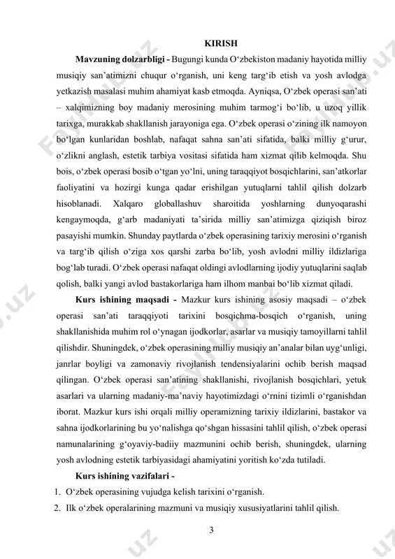arxiv materiallari, sahna namunalari va intervyular tahlil qilinadi. madaniyat va san’at rivojiga oid davlat dasturlari ham nazarda tutiladi. kurs ishining amaliy ahamiyati - kurs ishida o‘zbek operasining rivojlanish bosqichlarini o‘rganish orqali musiqiy-ma’naviy tarbiyada, ta’lim jarayonida va yoshlar ongida milliy san’atga bo‘lgan qiziqishni oshirish mumkin. shu bilan birga, u san’atshunoslar, musiqa o‘qituvchilari va talabalar uchun manba sifatida xizmat qilishi mumkin. kurs ishining tarkibiy tuzilishi va hajmi - mazkur kurs ishi kirish, ikki bob, to’rt bo‘lim, xulosalar, foydalanilgan adabiyotlar ro‘yxatidan tashkil topgan. asosiy qisim o‘zbek operasi milliy musiqa san’atining muhim yo‘nalishlaridan biri bo‘lib, u o‘zining shakllanishi, taraqqiyoti va badiiy jihatlari bilan o‘zbek madaniy hayotida salmoqli o‘rin egallaydi. uning vujudga kelishi xalq og‘zaki ijodiyoti, an’anaviy kuy-qo‘shiqlar, maqomlar va musiqali dramalar asosida boshlangan. o‘zbek operasi g‘arbiy opera janrining klassik shaklini milliy ruh, xalqona ohang va tarixiy mavzular bilan boyitish orqali shakllangan. ilk bosqichda o‘zbek operasi rus kompozitorlari va sovet davrining musiqiy tajribalari ta’sirida rivojlanib, …