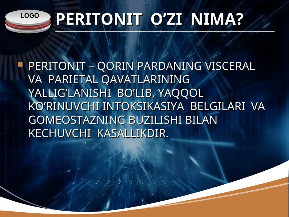 ostika ultratovush skanerlash kompyuterli diagnostika radioizotopli diagnostika laparoskopiya(og’ir holatlarda) logo yiringli pelvioperitonitni laparoskopik tekshiruvi logo davolash prinsplari xirurgik yo’l bilan infeksiya o’chog’ini yo’qotish ekssudat evakuatsiyasi, qorin bo’shlig’ini antibakterial moddalar bilan yuvish,adekvat drenajlash nazogastral zond yordamida ichak tutilishini davolash,dori moddalarni qo’llash gomeostazni tiklash hayotiy zarur organlar funksiyasini tiklash(buyraklar,jigar, yurak, o’pkalar) adekvat antibiotikoterapiya. logo davolash davomi… xirurgik yo’l bilan infeksiya o’chog’ini yo’qotish ekssudat evakuatsiyasi, qorin bo’shlig’ini antibakterial moddalar bilan yuvish,adekvat drenajlash nazogastral zond yordamida ichak tutilishini davolash, gomeostazni tiklash, dori moddalarni qo’llash hayotiy zarur organlar funksiyasini tiklash(buyraklar,jigar, yurak, o’pkalar) adekvat antibiotikoterapiya. logo e’tiboringiz uchun rahmat!!!