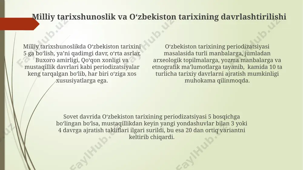 , uning vorislari va temuriylar davlatining parchalanishiga boʻlinadi. xv-xviii asrlar oraligʻidagi davrni oʻzbekiston tarixshunosligida "oʻzbek xonliklari davri" deb atash, bir qancha kichik xonliklarning mavjudligini koʻrsatadi va taxminan 200 yilni oʻz ichiga oladi. oʻrta asrlar oʻzbekiston tarixini davrlashtirishda ix-xii asrlarni turkiston xonliklari davri deb atash, baʼzi olimlar tomonidan 12 ta kichik davrga boʻlinishi taklif qilingan. oʻzbek tarixini davrlashtirishdagi metodologik muammolar oʻzbek tarixining turli davrlarini aniq chegaralashda, masalan, amir temur davri bilan keyingi davr oʻrtasidagi oʻtish bosqichlarini aniqlashda metodologik qiyinchiliklar mavjud. millat va davlat tushunchalarining tarixiy oʻzgarishlarini hisobga olgan holda, taxminan 3 ta asosiy davrlashtirish sxemasi mavjud boʻlib, ularning har biri oʻz kamchiliklariga ega. tarixiy manbalar soni va sifatining nomutanosibligi, xususan, 15-18-asrlarga oid kam sonli yozma manbalar tarixchilarning obʼyektiv xulosalar chiqarish imkoniyatlarini cheklaydi. mustaqillik davri oʻzbekiston tarixining davrlashtirilishi mustaqillik davri (1991-yildan hozirgacha) oʻzbekiston tarixini davrlashtirishda "milliy istiqlol", "islohotlar davri" kabi tushunchalar qoʻllanilmoqda, ammo ularning aniq chegaralari va mazmuni bahsli. 1990-yillarning boshlarida iqtisodiyotning …