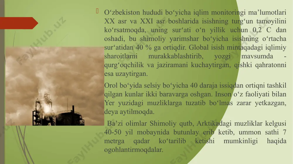 oʻplab kaytgan quyosh nurlarini ushlab kolishga yordam beradi va bu bilan yerdagi xayotuchun eng makbul boʻlgan xaroratni saqlab turadi. bu gazlarsiz sayyoramizdagi oʻrtacha xarorat hozirgidagidek 15 daraja issiq emas, balki 18 daraja sovuq boʻlgan. aynan okean oqimlari yogʻinlarni olib keladigan bulutlarning qanday va qancha hajmda hosil boʻlishiga javob beradi. agar oqimlar oʻzgaradigan boʻlsa, barcha narsa, xamma global iqlim hosil qiluvchi jarayonlar xam oʻzgarib ketadi. birok, iqlim oʻzgarishining sababi fakat insoniyat emas, balki yerdagi dinamik jarayonlar, iqlimni shakllantiruvchi tashki ta’sirlar, jumladan, quyidagilarni ham kiritish mumkin: materiklar va okeanlarning ulchami, relefi va uzaro joylashuvining oʻzgarishi; quyosh yorituvchanliginingoʻzgarishi; yer orbitasi va oʻqi koʻrsatkichlarining oʻzgarishi; atmosfera shaffofligi va tarkibining oʻzgarishi, jumladan, uning tarkibidagi parnik gazlari (сo2 va сn4) hissasining oʻzgarishi; yer usti nur kaytarish xususiyatining oʻzgarishi; okean tubidagi mavjud issiqlik miqdorining oʻzgarishi; neft va gaz qazib olinishi oqibatida yer yadrosi va qobigi orasidagi tabiiy qatlamning oʻzgarishi. iqlimga joʻgʻrofik kengliklarni ta’siri. joʻgʻrofik kenglik iqlim belgilari …