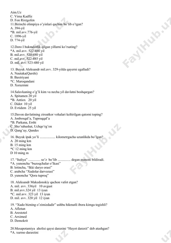 c. xiii-asrda d. x-asrda 18.mayya qabilalari amerikaning qaysi hududida yashagan? a. alyaskada b. yakatan yarim orolida c. amazonka atroflarida d. kuba orolida 19. oltin o’rdada yerni ijaraga olib ishlovchi dehqonlar nima deb atalgan? a. krepostnoy b. yarimchi c. nisbikor d. o’troqchi 20.saljuq turklari qaysi yili islom dinini qabul qilganlar? a. 888-yil b. 903-yil c. 992-yil d. 107-yil viii-sinf 1.bobur mirzi samarqand taxtini birinchi marta qachon egallagan? a.1496-yil b.1497-yil c.1500-yil d. 1501-yil 2. “dashti qipchoq” atamasi xi asrdan boshlab qaysi manbalarda uchraydi? a . arab, fors b. arman c. rus d. xitoy 3. “kumonlar”kimlar? a. qipchoqlar b. slavyanlar c. germanlar d. xitoylar 4. shayboniyxon qanday jang usulidan foydalangan? a. pistirma b. to’lg’ama c. yon qanotdan kirib kelishi d. chekinib urushish 5.ma’mun akademiyasi qaysi yillarda faoliyat ko’rsatgan? a. 1004-1017-yil b. 1017-1024 yil c. 998-1017 yil d. 863-892 yil 6. mo’g’ullar tomonidan asos solingan qarshi shahri qaysi shahar negizida paydo bo’lgan? a. eski …