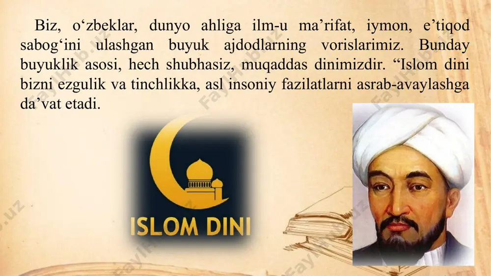 urli ilm-fanlarni, ayniqsa, hadis ilmini zo‘r qiziqish bilan egallaydi. manbalarda ko‘rsatilishicha, u o‘n yoshidan boshlab o‘z yurtidagi turli roviylardan eshitgan hadislarni, shu ningdek, abdulloh ibn al-muborak va vakiy kabi olimlarning hadis to‘plamlarini mutolaa qilib, yodlagan, ustozi shayx doxiliy bilan hadis rivoyatchilari haqidagi qizg‘in bahslarda qatnashgan. yana bir vatandoshimiz termizlik mashhur muhaddis abu iso at-termiziy al-buxoriyga ham shogird, ham safdosh hisoblanib, ularning o‘zaro munosabatlari ibratli bo‘lgan. uzoq yillar sharqning turli-tuman mamlakatlariga safar qilgandan keyin umrining oxirlarida al-buxoriy besh (863–868) yil nishopurda ya shab, madrasada hadis ilmidan dars bergan. o‘sha paytda nishopur musulmon sharqidagi eng yirik ilmiy markazlardan biriga aylanganligi sababli ko‘p mashhur olimlar shu shaharda to‘plangan edilar. imom al-buxoriyning at-termiziy bilan uchrashuvi ham nishopurda yuz berib, diyorimizdan chiqqan ikki mashhur muhaddis o‘rtasida unutilmas, qizg‘in ilmiy bahslar, ko‘pdan ko‘p ijodiy, do‘stona uchrashuvlar bo‘lib o‘tadi. at-termiziyning yozishicha, u o‘z asarlari uchun ko‘p ma’lumotlarni al-buxoriy bilan uchrashuvlaridan olgan. shu bilan birga al-buxoriy ham at-termiziyning …