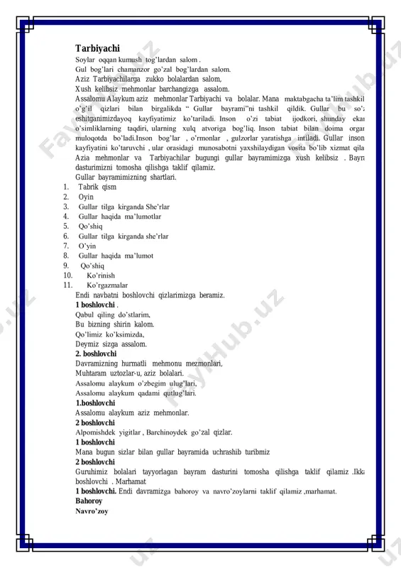 qilamiz ,marhamat. bahoroy navro’zoy 2 boshlovchi. hozir bolalarimiz bahoroy va navro’zoylarga bog’ishlangan she’rlarni o’qib eshittiradi. 1-bola otabek amonov ning “ bahor” she’ri. yana ko’klam , yana navbahor, yo’limizga soldi poyondoz. fasl keldi,ajib, betakror, do’stlar, ko’klam tarovati soz. yuz ko’rsatdi gul,lol, chechak, yashillandi dala , bog’ rog’lar. bahor- guyo go’zal kelinchak, yosharadi zalvorli tog’lar quyosh sochar hovuch - hovuch nur, bahra olar olam taftidan. ona zamin to’yinib, shukr, suv ichadi ko’kning kaftidan. chorvadorlar cho’lga otlanar, dalasida ter to’kar dehqon. tashrifidan olam shodlanar, bugun ko’klam yurtimga mehmon. aslo qonmas tashna yuragim, ko’klam qancha hushnud etmasin. mening bu kun bitta tilagim: bahor hech ham yurtdan ketmasin. 2-bola. navro’z she’ri navro’z keldi xush keldi, zavqimizga esh keldi. borliq to’ldi iforga, osmon to’la qush keldi. chug’ur – chug’ur navolar, biram mayin havolar. onam kaftin eslatar silab o’tgan sabolar. ko’k chehrasi ochildi, mehr nuri sochildi. bog’ –bo’stonlar yashnadi, gul poyondoz tashladi. gulday uchar kapalak qizlar sochi …