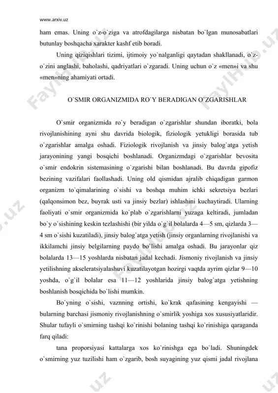 ning boshlanish bosqichida bo`lishi mumkin. bo`yning o`sishi, vaznning ortishi, ko`krak qafasining kengayishi — bularning barchasi jismoniy rivojlanishning o`smirlik yoshiga xos xususiyatlaridir. shular tufayli o`smirning tashqi ko`rinishi bolaning tashqi ko`rinishiga qaraganda farq qiladi: tana proporsiyasi kattalarga xos ko`rinishga ega bo`ladi. shuningdek o`smirning yuz tuzilishi ham o`zgarib, bosh suyagining yuz qismi jadal rivojlana boradi. o`smirlik yoshida umurtqa pog`onasining o`sishi bo`yning o`sish tempidan orqada qoladi. chunki 14 yoshgacha umurtqa pog`onalari o`rtasidagi oraliqlar tog`aylar bilan to`lgan bo`ladi, bu esa ortiqcha jismoniy zo`riqish, tana holatining noto`g`ri turishi tufayli umurtqa pog`onasining noto`g`ri rivojlanishga moyilligini bildiradi. umurtqa rivojlanishini buzilishining eng ko`p holati 11—15 yoshlarga to`g`ri keladi va ayni shu yoshlarda ro`y berishi mumkin bo`lgan defektlarni ham bartaraf etish ham oson kechadi. 20—21 yoshlarga yetib toz suyaklarining o`sishi yakunlanadi (shu davrda qizlarning jinsiy organlari ham yetiladi). muskul vazni va muskul kuchlarining ortishi jinsiy balog`atga yetishning oxirlarida nisbatan jadalroq amalga oshadi. bunda o`g`il bolalarda muskullarning rivojlanishi erkaklarga xos tipda, …