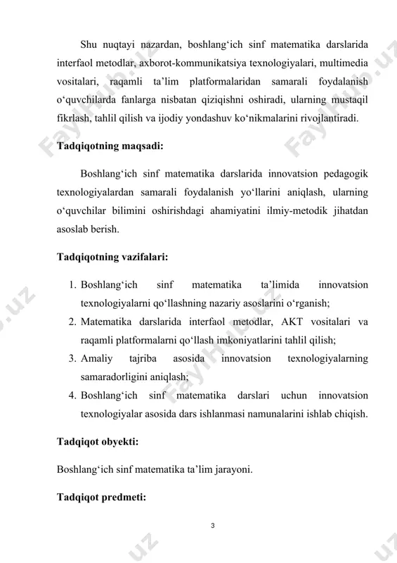 larida innovatsion texnologiyalarni qo‘llashning nazariy asoslari 1.1. boshlang‘ich ta’limda matematika fanining o‘rni va ahamiyati barchamizga ma’lumki, matematika fani chegarasiz fan, bu fanni oxirini topa olmaymiz. matematikadan biz hayotimiz davomida foydalanamiz. matematikasiz ko’p sohalarni taasavvur qilib, bo’lmaydi, ya’ni matematika bilan ko’p sohalar uzviy bog’liq. bugunlik kunda bu fanni har bir inson yoshligidan o’rganishi zarur. mutaxassislarimizning fikricha, matematikani yaxshi o’zlashtirgan o’quvchining tahliliy va mantiqiy fikrlash darajasi yuqori darajada bo’ladi. u misol va masalalarni yechishda, balkim hayotidagi turli qiyinchiliklarda ham tezkorlik bilan qaror qabul qilishi, muhokama va muzokara olib borish, ishlarni bosqichma- bosqich bajarish qobiliyatiga ham ega bo’ladi. shuni ham aytish mumkinki, o’quvchini matematiklarga xos fikrlashi uni kelajakda amalga oshirmoqchi bo’lgan ishlar, tevarak-atrofda sodir bo’layotgan voqea-hodisalar rivojini bashorat qilish darajasiga ham olib chiqadi. matematikaning hayotda tutgan o’rni beqiyosligini hisobga olib, mazkur fan bizga birinchi sinfdanoq maktab darsliklariga kiritilgan. bu fanni o’quvchiga yetkazib berish esa, pedagoglarning vazifasidir. yurtboshimiz shavkat mirziyoyev miromonovichning bu fan rivoji …
