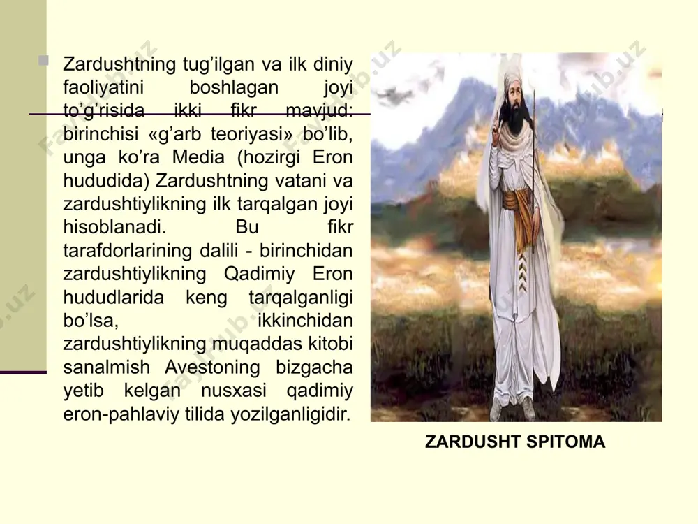 3. ma'dan va qudrat, hokimiyat homiysi (xshatra varya). 4. yer va diyonat homiysi (sienta armati). 5. suv va salomatlik homiysi (xarvatat). 6. o’simlik va mangulik homiysi (ameretat). axuramazda o’zining bu 6 nafar yordamchisini muqaddas ruh yordamida yaratgan. ular ham abadiydir. axuramazda hayot, ezgulik, yorug’lik, adolatning, dunyodagi barcha yaxshi narsalarning yaratuvchisi va himoyachisidir. yovuzlik, zulmat va adolatsizlik esa shayton axriman timsolidir. axuramazda ezgulikni vujudga keltiraveradi. axriman esa unga qarshi kurashib, odamlarni yomon ishlarga boshlayveradi. yovuzlik ruhi axriman o’lim, qahraton qish, zararli hayvonlar va hasharotlar homiysidir. zardushtiylik ta'limoti kelajakka ishonch bilan qarashni targ’ib etadi. ezgulik baribir — bir kunmas-bir kun yovuzlik ustidan g’alaba qozonadi. biroq buning uchun kishilar imonli-e'tiqodli bo’lishlari zarur. zardushtiylik imoni quyidagi uchta tayanchga asoslanadi: 1) fikr sofligi; 2) so’zning sobitligi; 3) amaldorlarning insoniyligi. ezgulik va yovuzlik o’rtasidagi kurashda oraliq yo’l bo’lmaydi. shuning uchun ham odamlar bu kurashning u yoki bu tomonida turishga majbur. shunday ekan, imon-e'tiqod barkamollik belgisi hisoblanadi. …