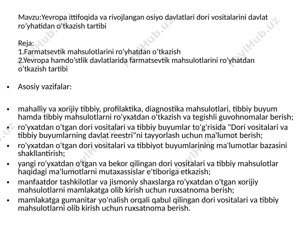 i mustaqil ekspertlar amalga oshiradi. dori vositalarining sifati belgilangan tartibda ekspertizadan o‘tkazilib, tasdiqlangan standartlar talablariga mosligi bilan baholanadi va u dori vositalarini yaratish, ishlab chiqarishni tashkil etish, saqlash, tashish va belgilangan usulda qo‘llash jarayonlari ketma-ketligi majmuasida amalga oshirib boriladi. izox: ro’yxatdan o’tkazish uchun umumiy belgilangan 180 ish kunigacha bo’lgan muddatga quyidagilar kiritilmaydi: dori vositalari va tibbiy buyumlarni ekspertizadan o’tkazish jarayonida aniqlangan kamchiliklarni ariza beruvchi tomonidan bartaraf etish va tegishli hujjatlarni taqdim etish uchun belgilangan 45 ish kunidan oshmaydigan muddat; dori vositalari va tibbiy buyumlarning namunalarini, klinik sinovlar o’tkazish uchun ariza beruvchi tomonidan tegishli tartibda kelishilgan klinik bazalarda o’tkaziladigan klinik sinovlar dasturlarini taqdim etish uchun belgilangan 45 ish kunidan oshmaydigan muddat; bevosita klinik sinovlarning o’tkazilish muddati. xorijiy dori vositalari va tibbiy buyumlarni ro‘yxatdan o‘tkazish hamda ular uchun ro‘yxatdan o‘tkazilganlik guvohnomasini berish nizomga muvofiq amalga oshiriladi. o‘zr ssv dvttsnqbb da dv sifatini nazorat qilish bosqichlari: dastlabki davlat nazorati: • qayd etish uchun …