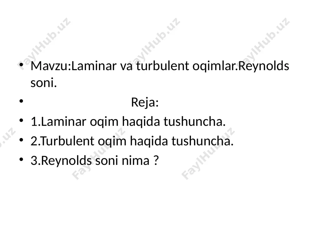 nadi. laminar oqim gidrotexnikada hisobga olinadi.[1] ikki xil shakl, suyuqlik oqimining ikki rejimi mavjud: laminar va turbulent oqim. agar oqim bo'ylab har biri tanlangan bo'lsa, oqim laminar (qatlamli) deb ataladi yupqa qatlam qo'shnilarga nisbatan siljishlar, ular bilan aralashmasdan va turbulent (vorteks), agar oqim bo'ylab intensiv vorteks shakllanishi va suyuqlik (gaz) aralashuvi sodir bo'lsa. laminar suyuqlik oqimi uning harakatining past tezligida kuzatiladi. laminar oqimda barcha zarrachalarning traektoriyalari parallel bo'lib, o'z shaklida oqim chegaralarini kuzatib boradi. dumaloq quvurda, masalan, suyuqlik silindrsimon qatlamlarda harakat qiladi, uning avlodi trubaning devorlari va o'qiga parallel. to'g'ri to'rtburchaklar, cheksiz keng kanalda suyuqlik, xuddi uning tubiga parallel bo'lgan qatlamlarda harakat qiladi. oqimning har bir nuqtasida tezlik yo'nalish bo'ylab doimiy bo'lib qoladi. agar tezlik bir vaqtning o'zida vaqt va kattalik bilan o'zgarmasa, harakat barqaror deyiladi. quvurdagi laminar harakat uchun kesmadagi tezlikni taqsimlash diagrammasi quvur o‘qi bo‘yicha maksimal tezlik va devorlarda nol qiymatga ega bo‘lgan parabola ko‘rinishiga ega bo‘lib, bu …