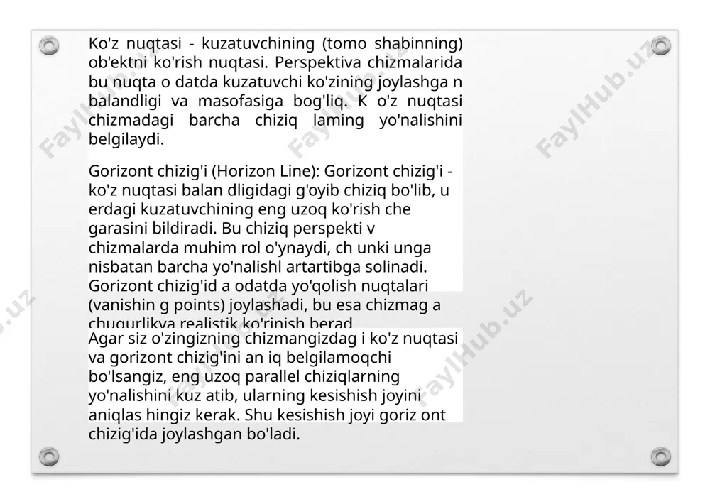 kartinaga 45o bnrchak ostidagi to’g’ri chiziqlar perspcktivada distansion nuqtalardan birida uchrashar ekan (2-qoida). b'l dan ки perpcndikular chiziq o’tkazilib ii ik aniqlanadi. /?/a?dan vertikal chiziq chizilib, unga b'lb' balandlik o’lchab qo’yilib, p bilan tutashtirilsa, b' nuqtaning perspektivasi в orqali o’tadi. gap shundaki, shisha ustida rasmni bu tarzda qurish faqat ob'ektlami bir ko'z bilan ko'rishda amalga oshirilishi kerak, kuzatuvchi esa tabiatdagi narsalami tasvirlashda va atrofdagi narsalami kuzatishda ularga ikki ko'z bilan qaraydi. ammo istiqbol - bu bir nuqtadan ko'rinadigan raqamlami qurish usuli. shu munosabat bilan shuni esda tutish kerakki, ko'pincha istiqbolda tasvirlangan shakllar mutlaqo haqiqiy bo'lmagan ko'rinadi. shuning uchun, istiqbolni qurishda, yaratilayotgan tasvir optik illyuziyadan boshqa narsa emasligini tushunish kerak. shuning uchun uch o'ichamli ob’ektning tasviri nafaqat uning tashqi belgilarini, balki rasm tekisligining xususiyatlarini, kosmosdagi uch o'lchovli shaklni vizual idrok etishni va istiqbolli tasviming naqshlarini ham bilishni talab qiladi. 1.1. perspektiv nazariyasidagiasosiy tushunchalar va ta’riflar to'g'ri burchakli izometrik proyeksiyada ko'rib chiqish …