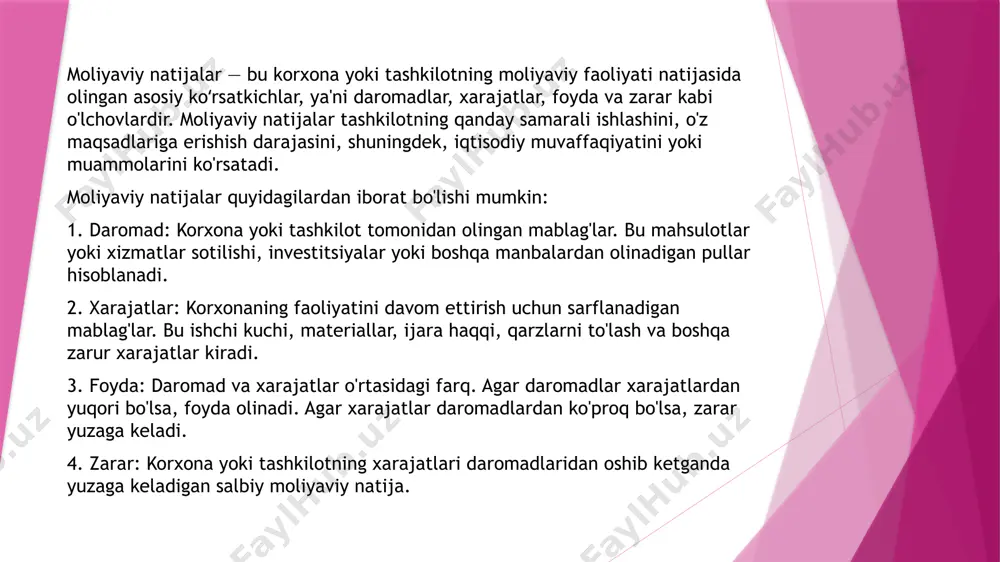 reditida to’plangan summalar 9910 “yakuniy moliyaviy natija” schyotining kreditiga, shuningdek, sotish tannarxini aks ettiruvchi schyotlar (9110, 9120, 9130)ning debetida to’plangan summalar 9910 “yakuniy moliyaviy natija” schyotining debetiga quyidagi yozuvlar orqali o’tkaziladi. sotishdan olingan daromadlar schyotlarining yopilishiga: debet 9010 “tayyor mahsulotlarni sotishdan olingan daromadlar”; debet 9020 “tovarlarni sotishdan olingan daromadlar”; debet 9030 “bajarilgan ish va ko’rsatilgan xizmatlardan daromadlar”; kredit 9910 “yakuniy moliyaviy natija”. sotish tannarxi schyotlarning yopilishiga: debet 9910 “yakuniy moliyaviy natija”; kredit 9110 “sotilgan tayyor mahsulotlar tannarxi”; kredit 9120 “sotilgan tovarlar tannarxi”; kredit 9130 “bajarilgan ish va ko’rsatilgan xizmatlar tannarxi”. yuqoridagi o’tkazilgan yozuvlar asosida 9910 “yakuniy moliyaviy natija” schyotining debet va kredit oborot summalarining farqi korxonaning sotishdan olingan yalpi foydasi yoki sotishdan ko’rilgan zararini bildiradi. chunonchi 9900 schyotining kredit oboroti debet oborotidan katta bo’lsa, u hisobot yilida korxona sotishdan foydaga, debet oboroti kredit oborotidan katta bo’lsa, u holda korxona sotishdan zarar ko’rgan hisoblanadi e’tiboringiz uchun rahmat! /docprops/thumbnail.jpeg