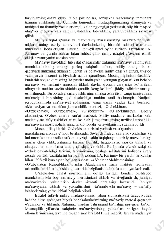 liy, tiklanishga keng yo‘l ochildi. mustaqillikning dastlabki yillaridan boshlab milliy istiqlol g‘oyasi va mafkuraviy masalalarining haqiqiy ilmiy nazardan ishlash, tadqiq etish dolzarb masala bo‘lib kelmoqda. milliy istiqlol g‘oyasi va mafkurani yaratishni taqozo etuvchi sabablar – bu, bir tomondan, sovetlar davrida totalitar tuzum manfaatlarini himoya qiladigan kommunistik mafkuradan butunlay voz kechishi va sovet davridan meros qolgan bir qolipda fikrlash illatidan tezroq xalos bo‘lish, odamlar tafakkur tarzi va dunyoqarashni kommunistik aqidalar kishanidan ozod qilish demokratik tamoyillar, qonunning ustuvorligiga hurmat tuyg‘usini kamol toptirish: ikkinchi tomondan mafkuraviy bo‘shliqqa yo‘l qo‘ymaslik, millat sifatida o‘zligimizni anglash, yakdil va hamjihatligimizni ta‘minlash, shuningdek, bu hamjihatlikka qarshi qaratilgan har qanday yot mafkuraviy tazyiqlarning oldini olish, ta‘bir joiz bo‘lsa, o‘zigaxos mafkuraviy immunitet tizimini shakllantirish. uchinchi tomondan, mustaqilligimizning ahamiyati va mohiyati mafkuraviy vositalar orqali xalqning ongiga yetkazish, oliy bir maqsad ulug‘vor g‘oyalar sari xalqni yakdillika, fidoyilikka, yaratuvchilikka safarbar qilish. milliy istiqlol g‘oyasi va mafkuraviy masalalarinihg mazmun-mohiyati, ufqlari, uning asosiy tamoyillari davlatimizning …