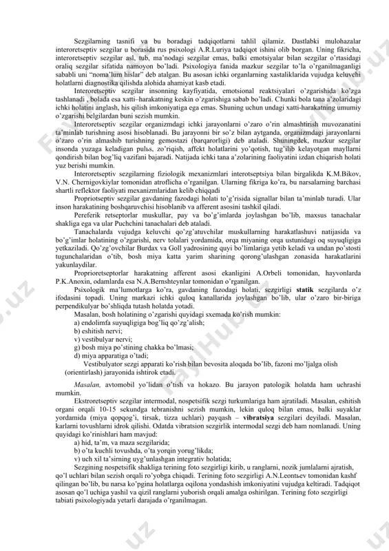 isa kabi reflektorlik xususiyatiga egadir. sezgilarning nerv - fiziologik asosini qo’zg’atuvchining o’ziga aynan o’xshaydigan analizatorga ta’siri natijasida hosil bo’ladigan nerv jarayoni tashkil qiladi. shuningdek, sezgilarning nerv fiziologik asosini o’rganishda i.p.pavlov ta’biri bilan aytganda analizator apparati tashkil etadi. analizator – tashqi va ichki muhitdan keladigan ta’sirotlarni qabul qilib olib, fiziologik jarayon bo’lgan qo’zg’alishni psixik jarayonga, ya’ni sezgilarga aylantiruvchi nerv mexanizmlari tizimi. analizator apparati 3 qismdan tashkil topgan bo’lib, ular quyidagilardan iborat: · periferik (retseptor) – tashqi quvvatni nerv jarayoniga o’tkazadigan maxsus transformator qismi; · analizatorning periferik bo’limining markaziy analizator bilan bog’laydigan yo’llarni ochadigan afferent (markazga intiluvchi) va efferent (markazdan qochuvchi) nervlar; · analizatorning periferik bo’limlaridan keladigan nerv signallarining qayta ishlanishi sodir bo’ladigan qobiq osti va qobiq bo’limlari. analizatorning qobiq bo’limida retseptor hujayralarining asosiy qismi jamlangan o’zak, ya’ni markaziy qism va qobiqning turli joylarida ma’lum miqdorda mavjud tarqoq hujayra qismlaridan tarkib topgan tashqi qism bo’ladi. analizatorning o’zak qismida retseptordan markazga intiluvchi nervlar …