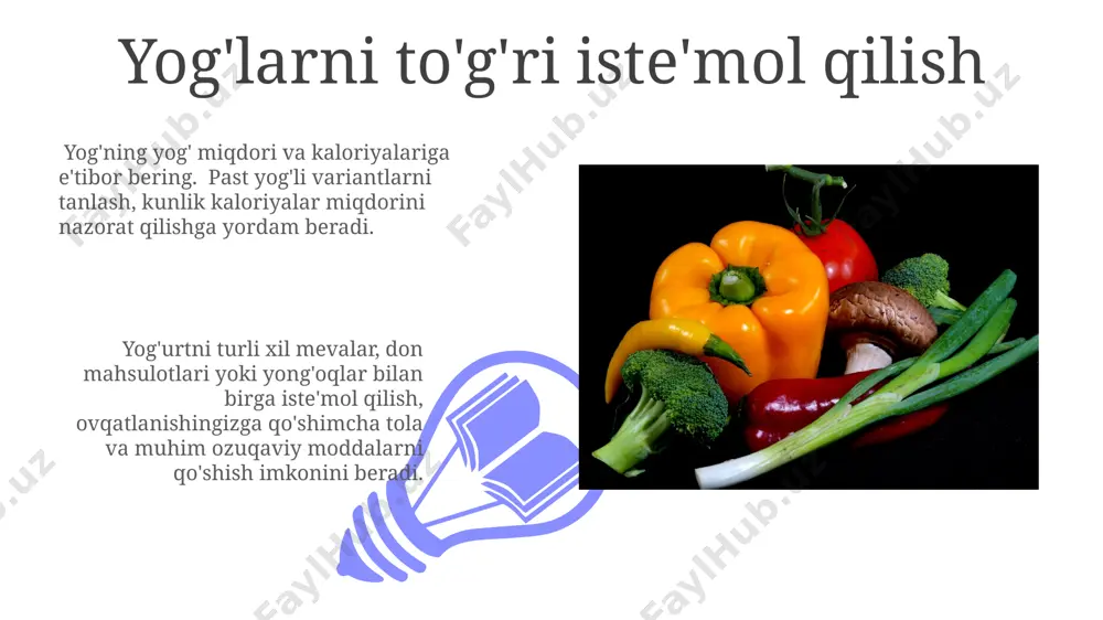 minerallarga boy mahsulotlar mineralga boy mahsulotlar, masalan, 100 gramm yong'oq tarkibida 200 mg dan ortiq kaltsiy va 5 mg dan ortiq temir bo'lishi mumkin, bu esa suyak salomatligi va qon hosil bo'lishida muhim ahamiyatga ega. ba'zi dengiz mahsulotlari, xususan, 150 gramm midiya tarkibida 100% kunlik rux ehtiyojini qondiradigan miqdorda rux mavjud bo'lib, immunitet tizimini mustahkamlashda yordam beradi. uglevodlarni muvozanatli iste'mol qilish 01 02 uglevodlarning muvozanatli iste'moli glyukemik indeks (gi) ni hisobga olishni talab qiladi; past gi li mahsulotlar qon shakarining sekin ko'tarilishini ta'minlaydi va to'yish hissiyotini uzaytiradi. sales 1st qtr 2nd qtr 100 0 sales 1st qtr 2nd qtr 100 0 e'tiboringiz uchun rahmat @taqdimot_robot image4.jpg image5.jpg image6.jpg image7.jpg image8.jpg image9.jpg image10.jpg image11.jpg image12.jpg image13.jpg image14.jpg image15.jpg image1.jpeg image2.jpeg image3.jpeg