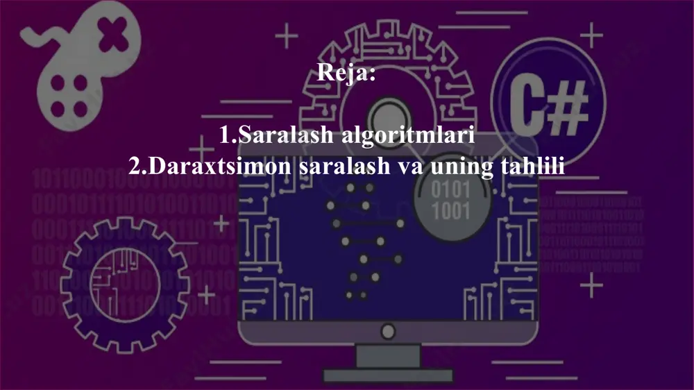 – kalit va yozuv segmentini ko’rsatuvchi prosedura; p=getnode – yangi element gneratsiyasi r=rec k=key v=p left=nil right=nil tree – daraxt ildizini ko’rsatkichi . ikkilik daraxt har xil turlarga ega bo'lishi mumkin: ildiz otgan, to'la, to'liq, mukammal, muvozanatli yoki buzilgan. rasmda har bir daraja to'liq to'ldirilgan, lekin oxirgi darajadagi istisnolardan tashqari to'liq ikkilik daraxt ko'rsatilgan: ikkilik daraxtlar ikkita umumiy ko'rinishga ega: massiv vakili: qatorni yuqoridan pastga qarab, har bir sathda chapdan o'ngga va yo'qolgan har qanday bola uchun bo'sh joyni to'ldiradi. bog'langan ro'yxat namoyishi: tugun ob'ektini tugun ma'lumotlari, chap ko'rsatgich va o'ng ko'rsatkich bilan ifodalaydi. daraxtlarni saralash - bu binary search tree ma'lumotlar tuzilishiga asoslangan tartiblash algoritmi . dastlab kirish ro'yxati yoki massiv elementlaridan ikkilik qidiruv daraxtini yaratadi va keyin elementlarni tartiblangan tartibda olish uchun yaratilgan ikkilik qidiruv daraxtida tartibda o'tishni amalga oshiradi. algoritm: 1-qadam: massivga kiritilgan elementlarni oling.2-qadam: qatorga ma'lumotlar elementlarini qo'shib, ikkilik qidiruv daraxtini yarating ikkilik qidiruv daraxti.3-qadam: elementlarni …