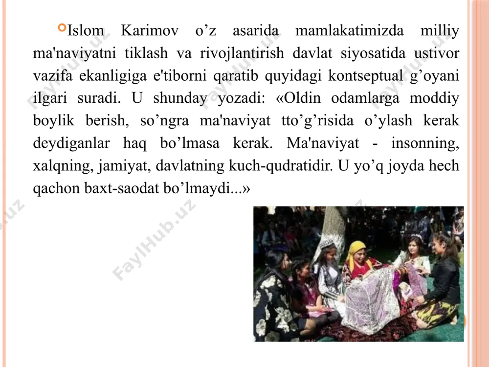 on sivilizatsiya tizimiga kirib borishi tеzlashadi. faqat mustaqillikni qo’lga olishimiz sharofati tufayligina ma'naviy mеrosimizni, ko’hna va navqiron tariximizni o’rganish, jahon sivilizatsiyasidagi munosib ўrnimizni tiklash va dеmokratik jamiyat qurishdеk baxtga musharraf bo’ldik. bunday imkoniyatlarni qo’lga kiritishimizda xalqimizning sеvimli farzandi, ulkan davlat va siyosat arbobi, еtuk olim, vatanparvar va millatparvar inson islom karimovning еtakchilik va rahbarlik roli asosiy rol o’ynadi. mustaqillik yillarida ma'naviy mеrosimiz rahnamolari nomlari tiklandi, ular tavallud topgan kunlar nishonlanmoqda, asarlari chop etildi va etilmoqda. chunonchi, bahouddin naqshband tavalludining 675 yilligi; najmiddin kubro tavalludining 850 yilligi kеng nishonlandi. 1998 yilda imom al-buxoriy hazratlarining 1225 yilliklari, ahmad al-farg’oniyning 1200 yilligi, a.qahhorning 100 yilligi nishonlanishida bosh-qosh bo’lganliklarini ta'kidlash lozim. mustaqillik yillarida ma'naviy mеrosimiz rahnamolari nomlari tiklandi, ular tavallud topgan kunlar nishonlanmoqda, asarlari chop etildi va etilmoqda. chunonchi, bahouddin naqshband tavalludining 675 yilligi; najmiddin kubro tavalludining 850 yilligi kеng nishonlandi. 1998 yilda imom al-buxoriy hazratlarining 1225 yilliklari, ahmad al-farg’oniyning 1200 yilligi, a.qahhorning 100 …