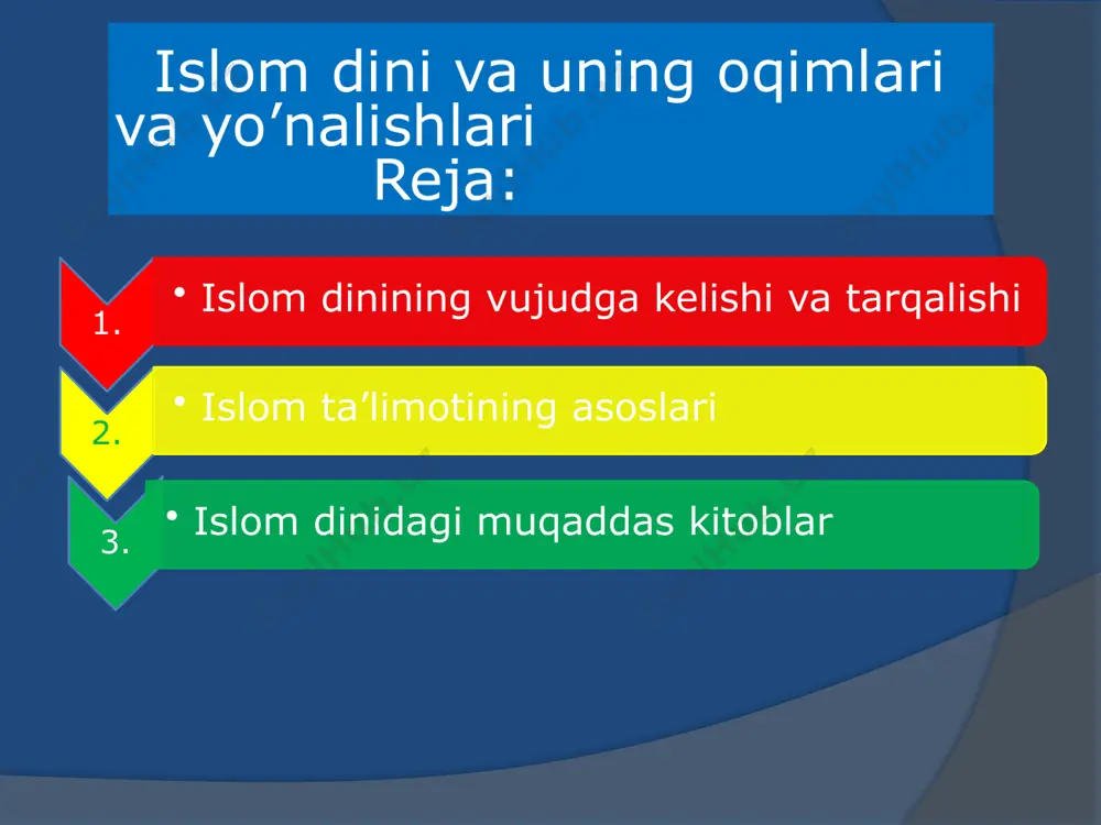 ’ni payg’ambari makka shahrida dunyoga kelgan muhammad ibn abdulloh (570-632) bu harakatga rahnamolik qiladi.”payg’ambar “so’zi “ezgu amallar haqida xabar beruvchi” degan ma’noni anglatadi.islomni qabul qilib,rasulullohga ergashgan uning izdoshlari “muslim” deb atalgan. muhammad (s.a.v) 630-yili arablarni yagona davlatga birlashtiradi.arab davlati yamandan sino yarim oroligacha,qizil dengiz sohillaridan markaziy qum sahrosigacha cho’zilgan hududlarni o’z ichiga olgan. muhammad vafot etgach,davlatni xalifalar boshqarganlar.632-yildan 661-yilgacha bo’lgan vaqt ichida 4 nafar xalifa hukmronlik qilgan.bular muhammadning qaynatalari abu bakr va umar, kuyovlari usmon va alilar edi. xalifa umar davrida suriya,falastin,misr,shimoliy afrika,iroq istilo qilinib, islom dini dunyo bo’ylab tarqala boshlagan.viii asrda o’rta osiyoda fath etilgan yerlarda aholini islom diniga kiritish harbiy to’qnashuv,da’vat hamda soliq siyosati bilan amalga oshirildi. islom dini ix-x asrlarda tataristonda, x-xii asrlarda boshqirdistonda tarqalgan. islom dining ta’limoti uning muqaddas kitobi qur’oni karimda bayon etilgan.unga ko’ra islom ta’limotining asosini imon,islom va ehson tashkil etadi.imon 7 aqidaga asoslanadi. allohga payg’ambarlarga oxiratga o’lgandan so’ng tirilishga ishonishdir taqdirga farishtalarga muqaddas …