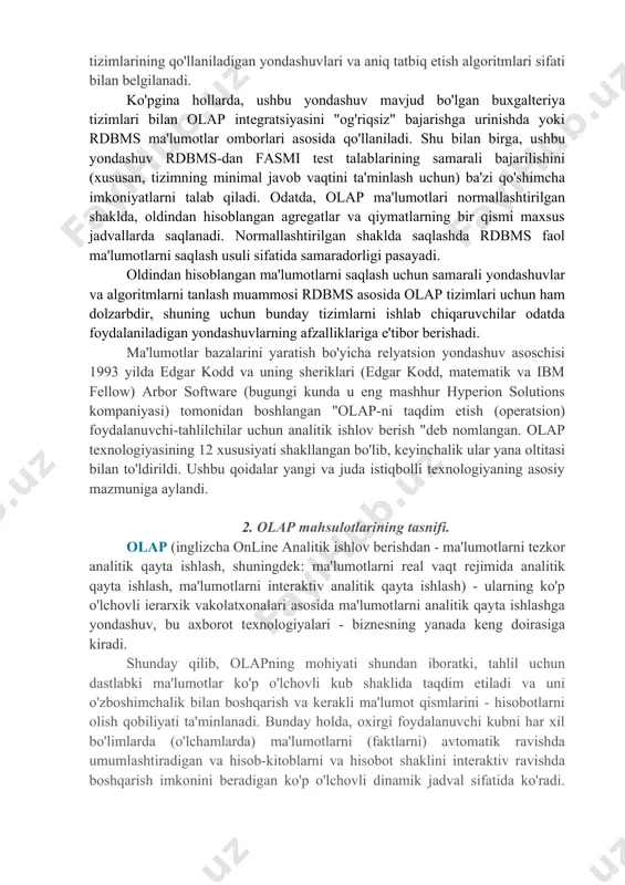 n hisoblangan qiymatlarini saqlashni belgilaydi, bu esa ma'lumotlar bazasida yangi ma'lumotlar qiymatlari yoki o'lchovlar qo'shilishi bilan ma'lumotlar bazasida chiziqli bo'lmagan o'sishni keltirib chiqaradi. ushbu muammoning namoyon bo'lish darajasi, shuningdek, ma'lumotlar siyrak kubiklarini samarali saqlash bilan bog'liq muammolar, olap tizimlarining qo'llaniladigan yondashuvlari va aniq tatbiq etish algoritmlari sifati bilan belgilanadi. ko'pgina hollarda, ushbu yondashuv mavjud bo'lgan buxgalteriya tizimlari bilan olap integratsiyasini "og'riqsiz" bajarishga urinishda yoki rdbms ma'lumotlar omborlari asosida qo'llaniladi. shu bilan birga, ushbu yondashuv rdbms-dan fasmi test talablarining samarali bajarilishini (xususan, tizimning minimal javob vaqtini ta'minlash uchun) ba'zi qo'shimcha imkoniyatlarni talab qiladi. odatda, olap ma'lumotlari normallashtirilgan shaklda, oldindan hisoblangan agregatlar va qiymatlarning bir qismi maxsus jadvallarda saqlanadi. normallashtirilgan shaklda saqlashda rdbms faol ma'lumotlarni saqlash usuli sifatida samaradorligi pasayadi. oldindan hisoblangan ma'lumotlarni saqlash uchun samarali yondashuvlar va algoritmlarni tanlash muammosi rdbms asosida olap tizimlari uchun ham dolzarbdir, shuning uchun bunday tizimlarni ishlab chiqaruvchilar odatda foydalaniladigan yondashuvlarning afzalliklariga e'tibor berishadi. ma'lumotlar bazalarini …