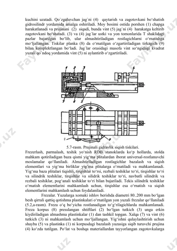 a shaklidagi detal zagotovkalarni to‘liq bazalash uchun tirkagichli universal-rostlanadigan tiskilarni o‘rnatib, birinchi tiskidagi zagotovkaga ishlov berish vaqtida, ikkinchi tiskidagi zagotovkani almashtirish mumkin. universal tiskilarga nisbatan universal rostlanadigan tiskilarda almashtirish mumkin bo‘lgan rostlagichlar borligi tufayli keng nomeklaturadagi zagotovkalarni o‘rnatish mumkin. prujinali gidravlik siqgichli universal-rostlanuvchi tiski 5.7-rasmda ko‘rsatilgan. qo`zg`almas jag`ning yo‘nilgan teshigiga porshen (1) o‘rnatilgan. tarelkasimon prujina (2) paketi, vtulka (6) va podshipnik (7) orqali vint (5) ga ta’sir etib harakatlanuvchi jag`ga (4) siqish kuchini uzatadi. qo`zgaluvchan jag`ni (4) qaytarish va zagotovkani bo‘shatish gidrosilindr yordamida amalga oshiriladi. moy bosimi ostida porshen (1) chapga harakatlanadi va prujinani (2) siqadi, bunda vint (5) jag`ni (4) harakatga keltirib zagotovkani bo‘shatadi. (3) va (4) jag`lar ustki va yon tomonlarida t shaklidagi pazlar bajarilgan bo‘lib, ular almashtiriladigan rostlagichlarni o‘rnatishga mo‘ljallangan. tiskilar planka (8) da o‘rnatilgan o‘zgartiriladigan tirkagich (9) bilan komplektlangan bo‘ladi. jag`lar orasidagi masofa vint so‘ngidagi kvadrat yuzali qo`ndoq yordamida vint (5) ni aylantirib o‘zgartiriladi. 5.7-rasm. prujinali …