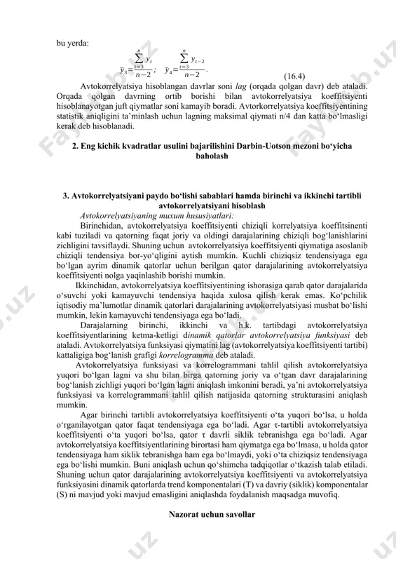 avtokorrelyatsiyani hisoblash avtokorrelyatsiyaning muxum hususiyatlari: birinchidan, avtokorrelyatsiya koeffitsiyenti chiziqli korrelyatsiya koeffitsinenti kabi tuziladi va qatorning faqat joriy va oldingi darajalarining chiziqli bog‘lanishlarini zichligini tavsiflaydi. shuning uchun avtokorrelyatsiya koeffitsiyenti qiymatiga asoslanib chiziqli tendensiya bor-yо‘qligini aytish mumkin. kuchli chiziqsiz tendensiyaga ega bо‘lgan ayrim dinamik qatorlar uchun berilgan qator darajalarining avtokorrelyatsiya koeffitsiyenti nolga yaqinlashib borishi mumkin. ikkinchidan, avtokorrelyatsiya koeffitsiyentining ishorasiga qarab qator darajalarida о‘suvchi yoki kamayuvchi tendensiya haqida xulosa qilish kerak emas. kо‘pchilik iqtisodiy ma’lumotlar dinamik qatorlari darajalarining avtokorrelyatsiyasi musbat bо‘lishi mumkin, lekin kamayuvchi tendensiyaga ega bо‘ladi. darajalarning birinchi, ikkinchi va h.k. tartibdagi avtokorrelyatsiya koeffitsiyentlarining ketma-ketligi dinamik qatorlar avtokorrelyatsiya funksiyasi deb ataladi. avtokorrelyatsiya funksiyasi qiymatini lag (avtokorrelyatsiya koeffitsiyenti tartibi) kattaligiga bog‘lanish grafigi korrelogramma deb ataladi. avtokorrelyatsiya funksiyasi va korrelogrammani tahlil qilish avtokorrelyatsiya yuqori bо‘lgan lagni va shu bilan birga qatorning joriy va о‘tgan davr darajalarining bog‘lanish zichligi yuqori bо‘lgan lagni aniqlash imkonini beradi, ya’ni avtokorrelyatsiya funksiyasi va korrelogrammani tahlil qilish natijasida qatorning strukturasini …