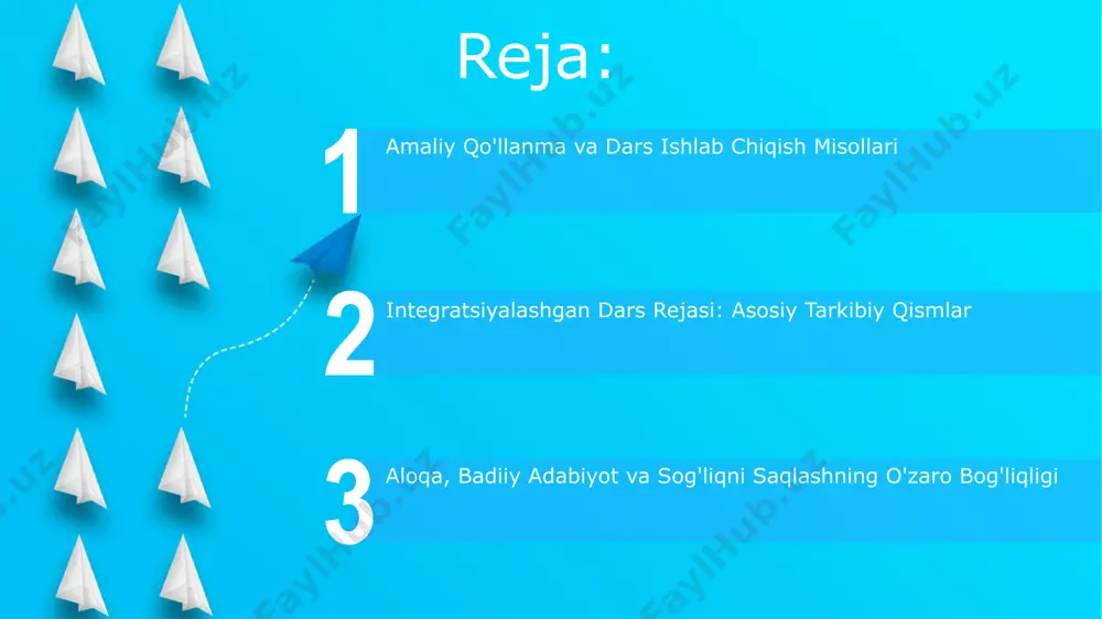 unikativ kompetensiyani baholash uchun 4 balldan iborat rubrika qo'shish, baholovchi mezonlarni aniqlash va 3 ta turdagi baholash tizimini joriy etishni taklif qilamiz. kelajakdagi rejalarga 5 ta yangi interfaol o'yinlarni qo'shishni, shuningdek, o'quvchilarning fikrlash qobiliyatini rivojlantirishga qaratilgan 3 ta amaliy mashqlarni kiritishni taklif qilamiz. integratsiyalashgan dars rejalashtirish tushunchasi start integratsiyalashgan dars rejalashtirish, 2 yoki undan ortiq fanlar (masalan, muloqot, badiiy adabiyot, sog'liqni saqlash)ni birlashtirgan holda, o'quv maqsadlariga erishish uchun 3 bosqichli strategiyani o'z ichiga oladi. ushbu yondashuv, o'quvchilarning 5 ta asosiy bilim sohasidagi ko'nikmalarini rivojlantirishga, o'zaro bog'liqlikni ko'rsatish orqali chuqurroq tushunishni ta'minlashga qaratilgan. darsning maqsadi va vazifalari darsning maqsadi o‘quvchilarni 3 ta asosiy sohani – muloqot, badiiy adabiyot va sog‘lom turmush tarzini birlashtiruvchi 5 ta asosiy kompetensiyani rivojlantirishdan iborat. vazifalar: o‘quvchilarning og‘zaki va yozma nutqini, badiiy asarlarni tahlil qilish ko‘nikmalarini, shuningdek, sog‘lom hayot kechirishga oid 2 ta muhim bilim va malakalarini shakllantirish. o'quvchilarning faoliyati va baholash sog'lom turmush tarziga oid rol …