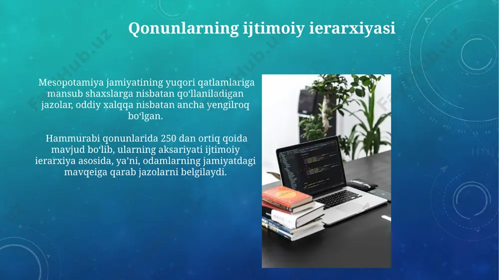 g tarqalgan qasos olish urf-odatlarini tartibga solishga qaratilgan boʻlsa-da, koʻplab tarixchilar buni adolatsizlik deb baholashadi. qonunlarning adolatsizligi, ayniqsa, ijtimoiy tabaqalanishga bogʻliq jazolar orqali yaqqol koʻrinib turibdi; masalan, yuqori tabaqadagi shaxsga nisbatan qilingan jinoyat uchun oddiy fuqaro ancha qattiqroq jazoga tortilgan. savdo va iqtisodiyotga oid qoidalar hammurabi qonunlar to'plami bozorlarda savdo-sotiqni tartibga soluvchi 50 dan ortiq moddalarni o'z ichiga olgan bo'lib, bu mesopotamiya iqtisodiyotining muhim jihatlaridan biri hisoblanadi. qonunlarda o'lchov birliklari, masalan, shekel va mina, aniq belgilab qo'yilgan va bu standartlashtirish orqali adolatli savdo-sotiqni ta'minlashga qaratilgan. babylon shahrida savdo bitimlarini amalga oshirishda ushbu standartlarga rioya qilish majburiy edi. oila va nikohga oid qoidalar 138-modda bo'yicha, agar ayol o'z eriga xiyonat qilsa, uni daryoga tashlash bilan jazolash kerakligi belgilangan, bu qoida bobil viloyatida amalda bo'lgan. hammurabi qonunlar to'plamida, 126-modda, mesopotamiya shaharchalarida erkakning ikkinchi xotin olishiga ruxsat bergan, biroq birinchi xotin bilan kelishuv bo'lishi shart edi. e'tiboringiz uchun rahmat @taqdimot_robot image3.png image4.jpg image5.jpg …