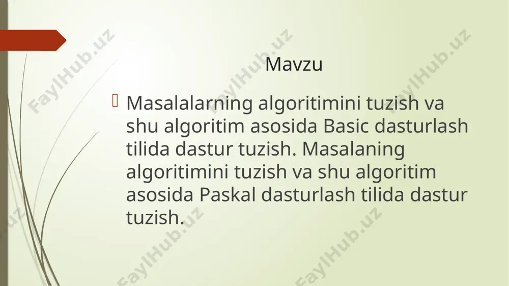 de-fakto dasturlash tiliga aylandi. ushbu shaxsiy kompyuterlarda deyarli har doim sukut boʻyicha basic tarjimoni oʻrnatilgan boʻlib, koʻpincha mashinaning dasturiy taʼminotida yoki baʼzan rom kartridjida. chiziqli algoritm — barcha koʻrsatmalari hech qanday shartsiz, faqat ketma-ket bajariladigan jarayonlar. tarmoqlanuvchi algoritm — hisoblash jarayoni qandaydir berilgan shartning bajarilishiga qarab turli tarmoqlar boʻyicha davom ettiriladigan va hisoblash jarayonida har bir tarmoq faqat bir marta bajariladigan jarayonlar. takrorlanuvchi algoritm — biron bir shart tekshirilishi yoki qandaydir parametrning har xil qiymatlari asosida algoritmda takrorlanish yuz beradigan jarayonlar. aralash (kombinatsiyalashgan) algoritm — tarkibida bir necha turdagi algoritmlar qatnashgan algoritmdir. . basic tili tavsifining ansi standarti mavjud bo‘lsa ham, basicning ko‘pchilik rusumlari kengaytmalarni o‘z ichiga oladi1960 yil o‘rtalarida dartmut kollejida talabalar uchun john kemeney va thomas kurtz tomonidan ishlab chiqilgan. til sodda va qulay bo‘lib chiqdi va foydalanuvchilarning uncha katta bo‘lmagan tizimlar bilan muloqot maromida ishlashida katta shuhrat qozondi. o‘zining soddaligiga qaramay basic ko‘pgina qo‘llanmalarni ishlab chiqishda qo‘llaniladi …