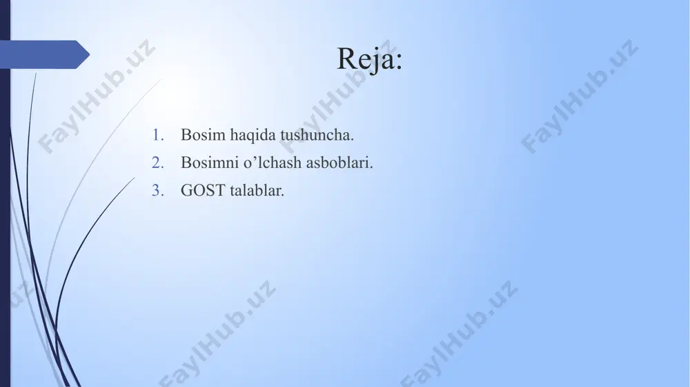 unini muvozanatlagan havo bosimi, ya’ni me’yoriy atmosfera bosimi orqali ifodalanadi. bunday simob ustuni har bir kvadrat santimetrga o’z og’irligiga teng bo’lgan bosim bilan ta’sir ko’rsatadi. 1ratm=760mm hg ust.=1,033 kgk/sm2 = 101325 pa = 1,01 bar. bosimni o’lchash asboblari. bosim maydon bo’ylab va ushbu maydonning normal kattaligiga tekis taqsimlangan kuchlar nisbati bilan tavsiflanadi. bosimni o’lchash asboblari ishlash prinsipi bo’yicha suyuqlikli, deformatsion, yuk porshenli va elektrikli bo’ladi. asboblar o’lchash kattaligiga bog’liq ravishda quyidagi turlarga bo’linadi: manometrlar – ortiqcha bosimlarni o’lchash uchun; vakuummetrlar – siyraklashuvini o’lchash uchun; manovakuummetrlar – ortiqcha bosimlarni o’lchash uchun; bosim o’lchagichlar, yuk o’lchagichlar va yuk – bosim o’lchagichlar – kam ortiqcha bosimlarni va siyraklashuvini o’lchash uchun. suyuqlik manometrlari suyuqlik manometrlarining ishlash prinsipi o’lchanayotgan ishchi suyuqlikning balandlik ustuni kattaligini tenglashtirishga asoslangan. ishchi suyuqlik sifatida o’lchanadigan ortiqcha bosim va siyraklashuv kattaligiga, shuningdek o’lchanadigan moddalarning kimyoviy xususiyatiga bog’liq ravishda quyidagilar qo’llaniladi: suv, spirt, simob, uncha yuqori yopishqoqlikka ega bo’lgan madanli moylar. gidrostatik …
