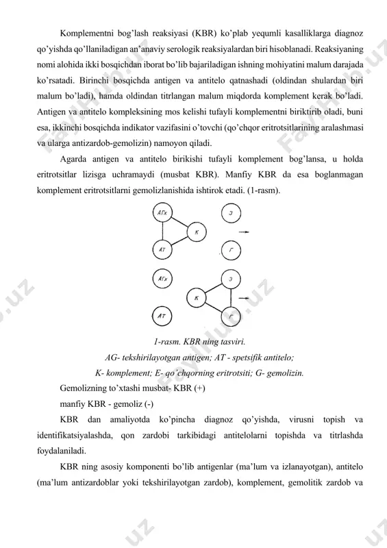 bilan ya’ni: atseton, freon, efir, xloroform va shunga o’xshash antigen va virus o’rnida ishlatiladigan to’qimaning turiga bog’liq holda tozalanadi. zardoblar esa antikomplementarlikdan qizdirish va komplementga boshqa usullar bilan ishlov berish yo’li bilan tozalanadi. kbr uchun antigenlar kasallik bilan zararlangan hayvonlarning organlaridan virus yuqtirilgan tovuq homilasining allantois yoki amnion suyuqligidan, hamda virus yuqqan hujayra kulturalarining suyuq muhitidan tayyorlanadi. virus infeksiyalarida kbr uchun antigen tayyorlash bakterial infeksiyalarnikiga qaraganda ko’p jihatdan farq qiladi. bu esa virusning bir qator spetsifik xususiyatlari bilan bog’liq. birinchidan, hujayra ichidan virus antigenini ajratish uchun ko’pchilik holda yuqumli materialni buzish va antigenni ajratayotganda qo’shimcha ishlov berishga to’g’ri keladi. ikkinchidan, bakteriyalarga nisbatan virus antigenlarining katta termolabilligi hisoblanadi. ko’pchilik viruslarda komplementni fiksatsiyalovchi antigen yuqumli bo’lakchalar bilan bog’langan bo’lib, ularning buzilishi yuqumlilikni yo’qolishi bilan parallel kechadi. shuningdek antigen olish uchun materialni hayvon o’lgach bir-ikki soat ichida, iloji bo’lsa tirik paytida olish kerak. virus saqlovchi materialni har xil dezinfeksiyalovchi moddalar bilan konservatsiyalash ko’pchilik …