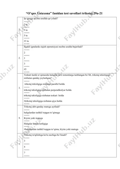 o’quv ustaxona fanidan test savollari trikotaj 29a-21 — DOCX